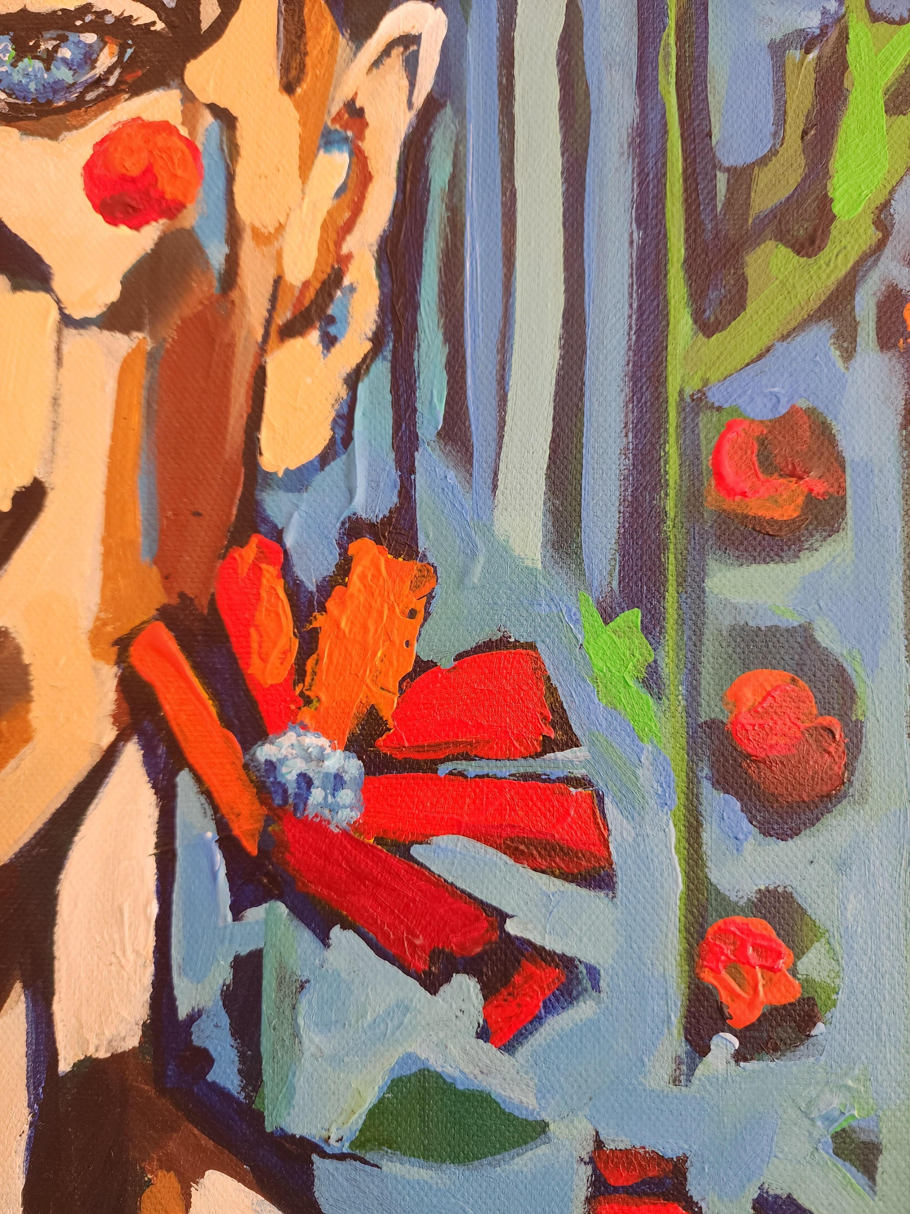 Portrait Painting Liberty Renewal Flowers Striking Bold Exclusive Blue Red Life For Sale 2