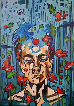 Karnish Art - Portrait Painting Liberty Renewal Flowers Striking Bold Exclusive Blue Red Life Portrait Painting Liberty Renewal Flowers Striking Bold Exclusive Blue Red Life