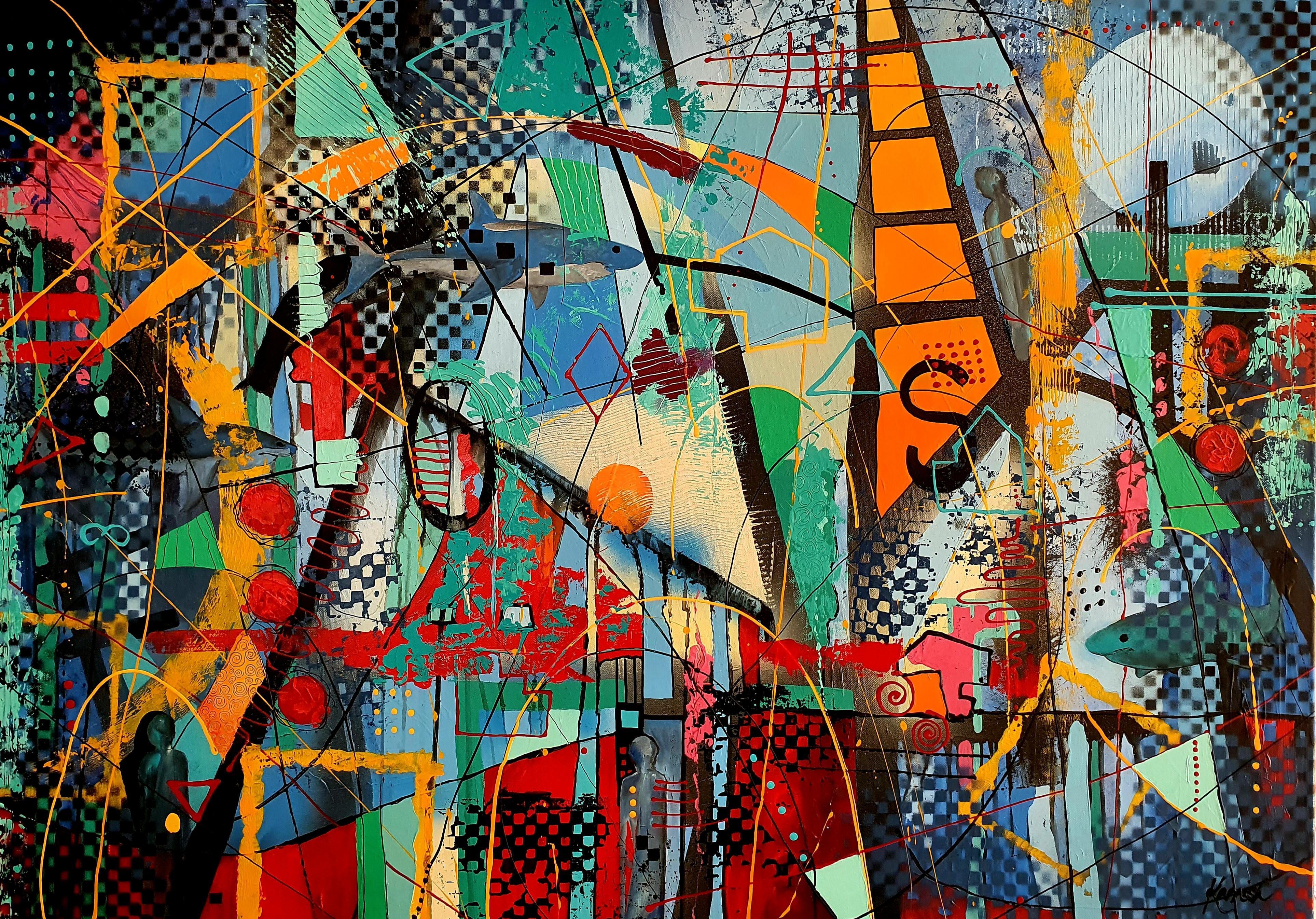 Abstract Painting di Karnish Art - Poseidon - Luna blu Pittura massimalista contemporanea Oceano in grassetto Unico originale