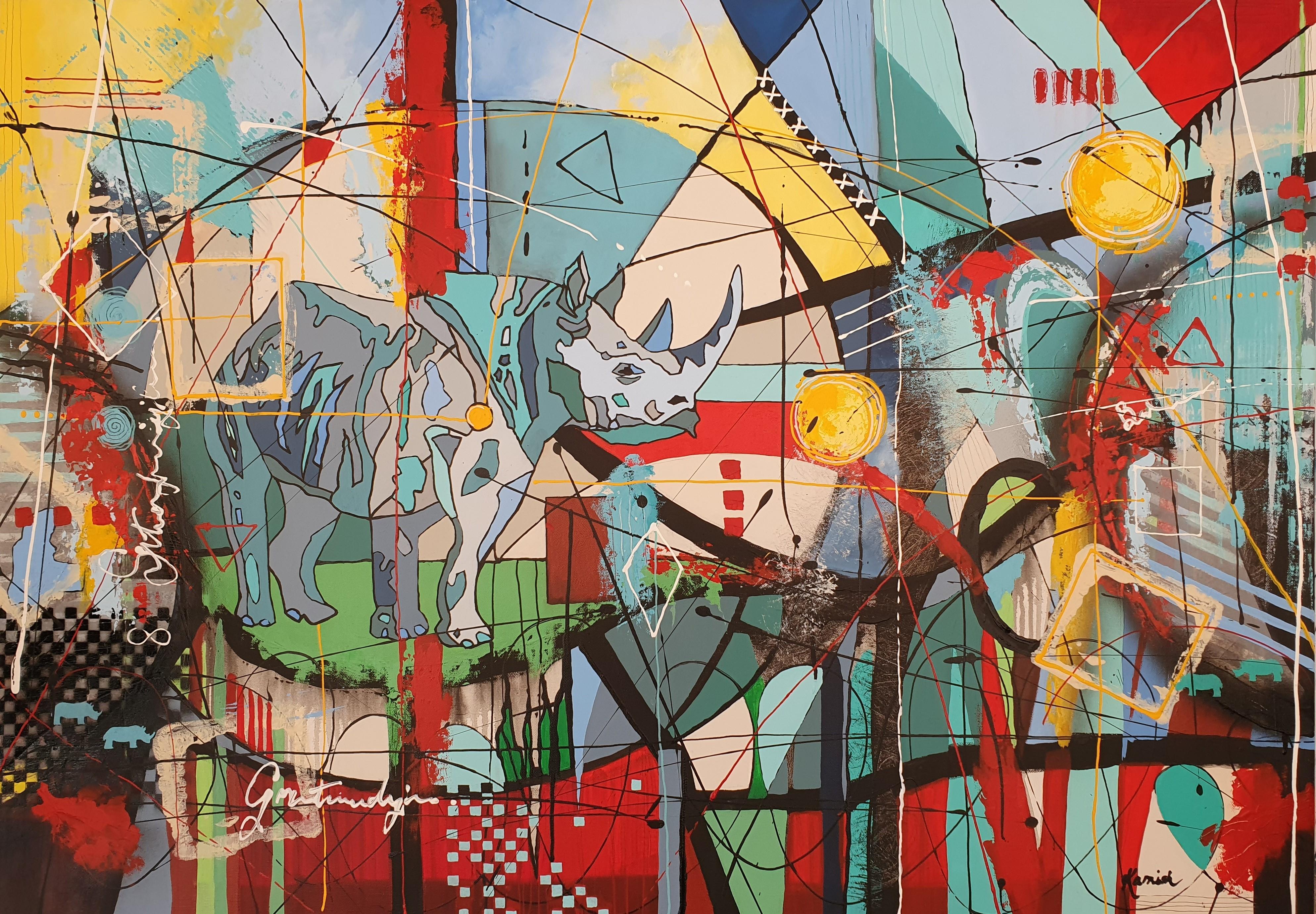 Potentiality : Grande peinture abstraite originale représentant un rhinocéros sur toile - Maximalisme