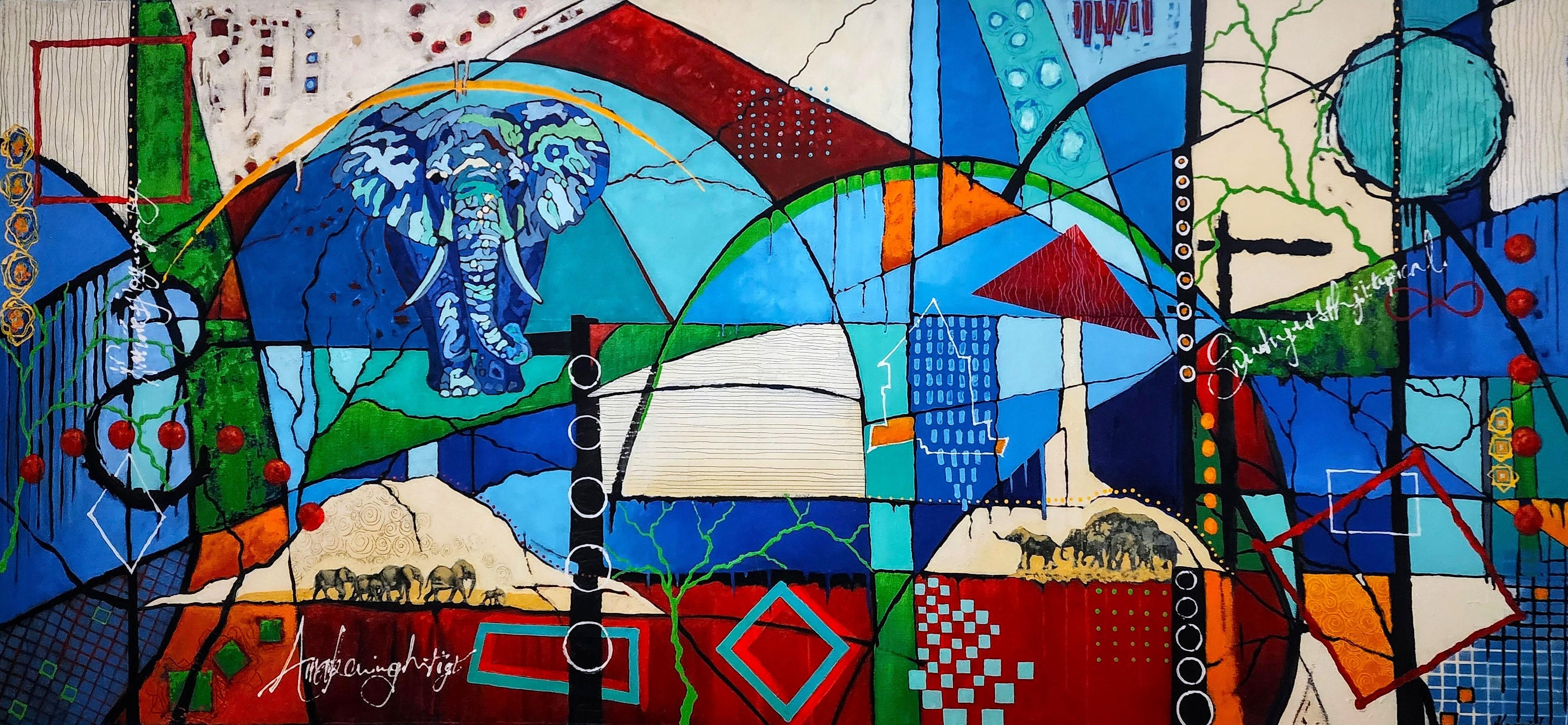 Abstract Painting di Karnish Art - Prosperous One - Elefante africano extra large Nature Investe il colore in grassetto astratto
