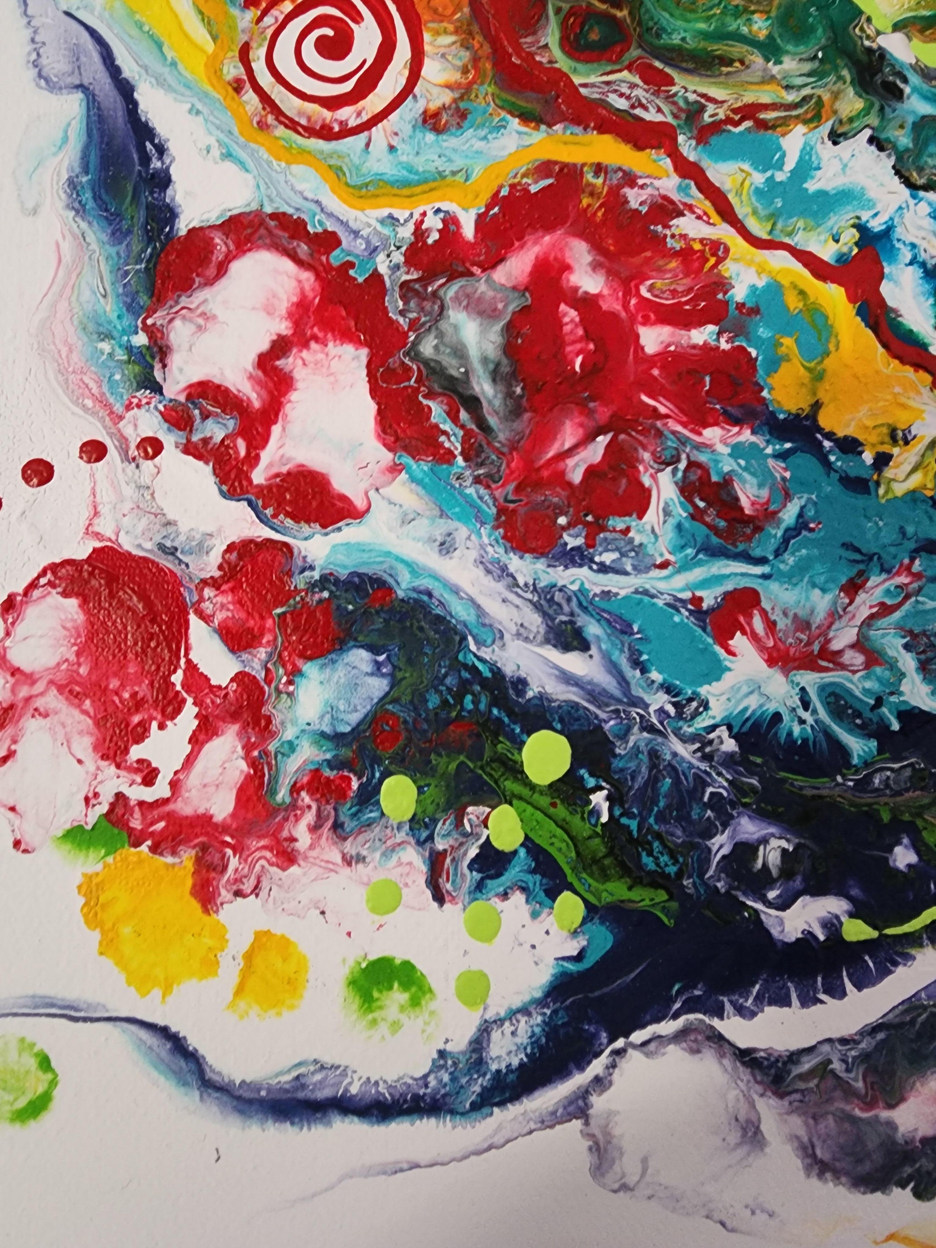 Title: Rainbow Fire 

In this vibrant cascade of color, I've unleashed my passion for nature's undiluted energy and life's vivid emotions. Acrylic and oil merge in a dance of abstract expressionism, bringing a fiery yet harmonious symphony to life.