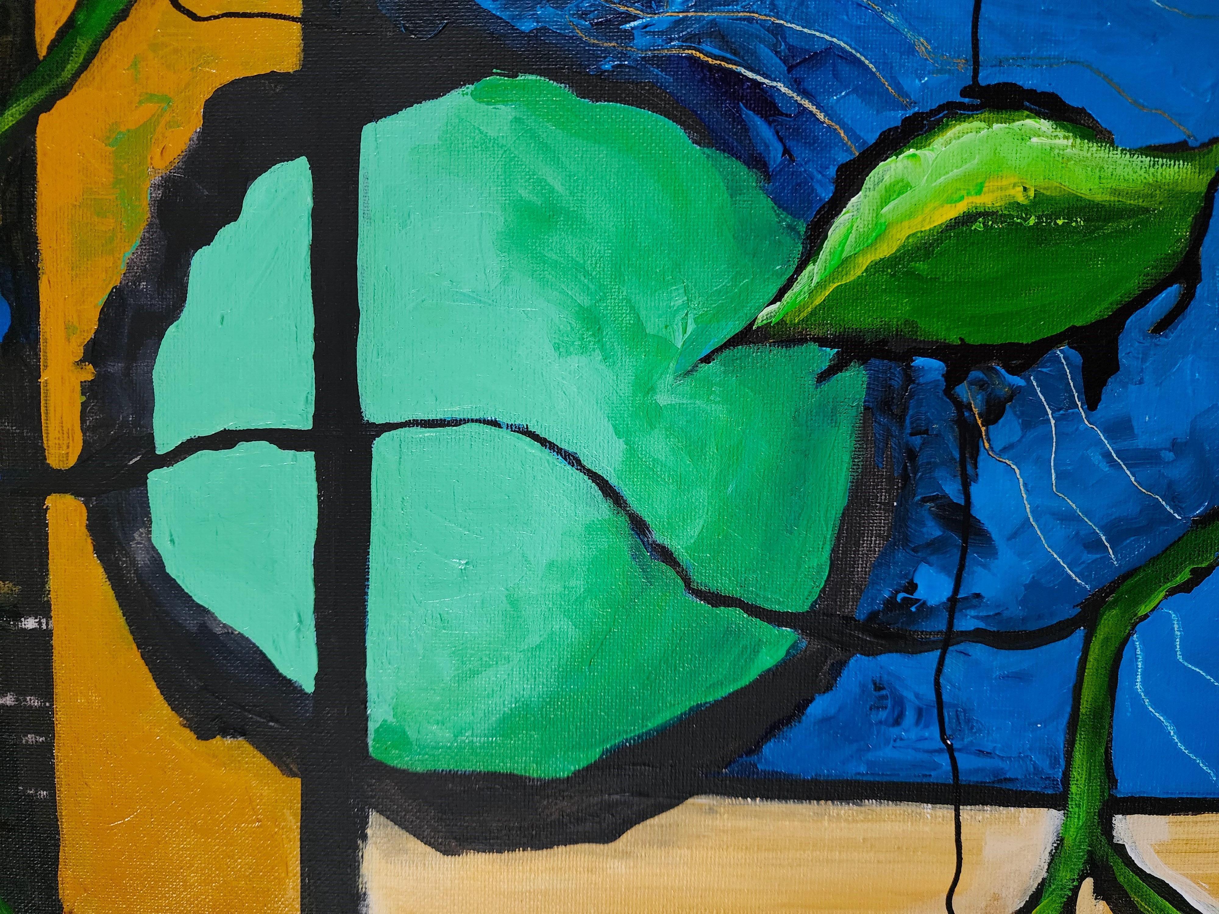 Erneuerung - Gemälde Diptychon Abstrakt Zeitgenössisch Fett Blau Grün Flora Einzigartig im Angebot 8