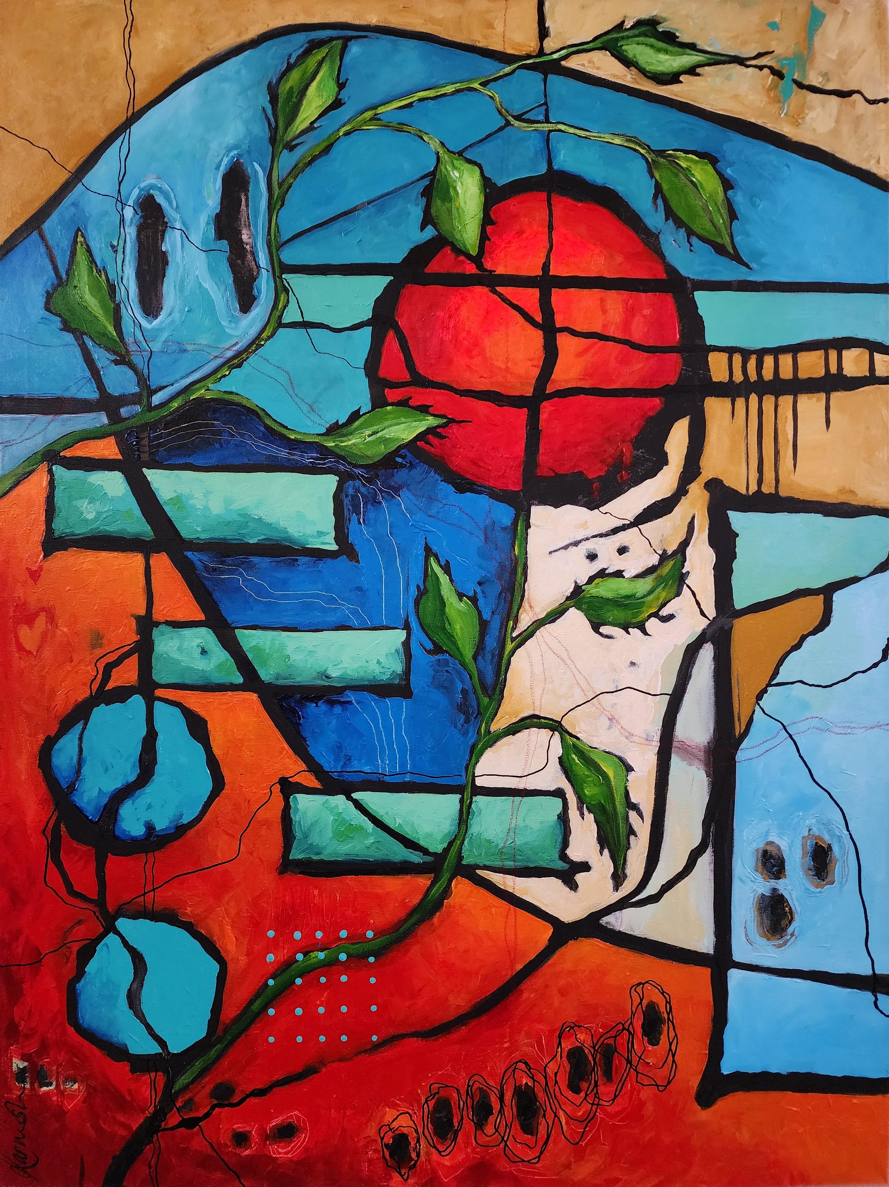 Erneuerung - Gemälde Diptychon Abstrakt Zeitgenössisch Fett Blau Grün Flora Einzigartig – Painting von Karnish Art