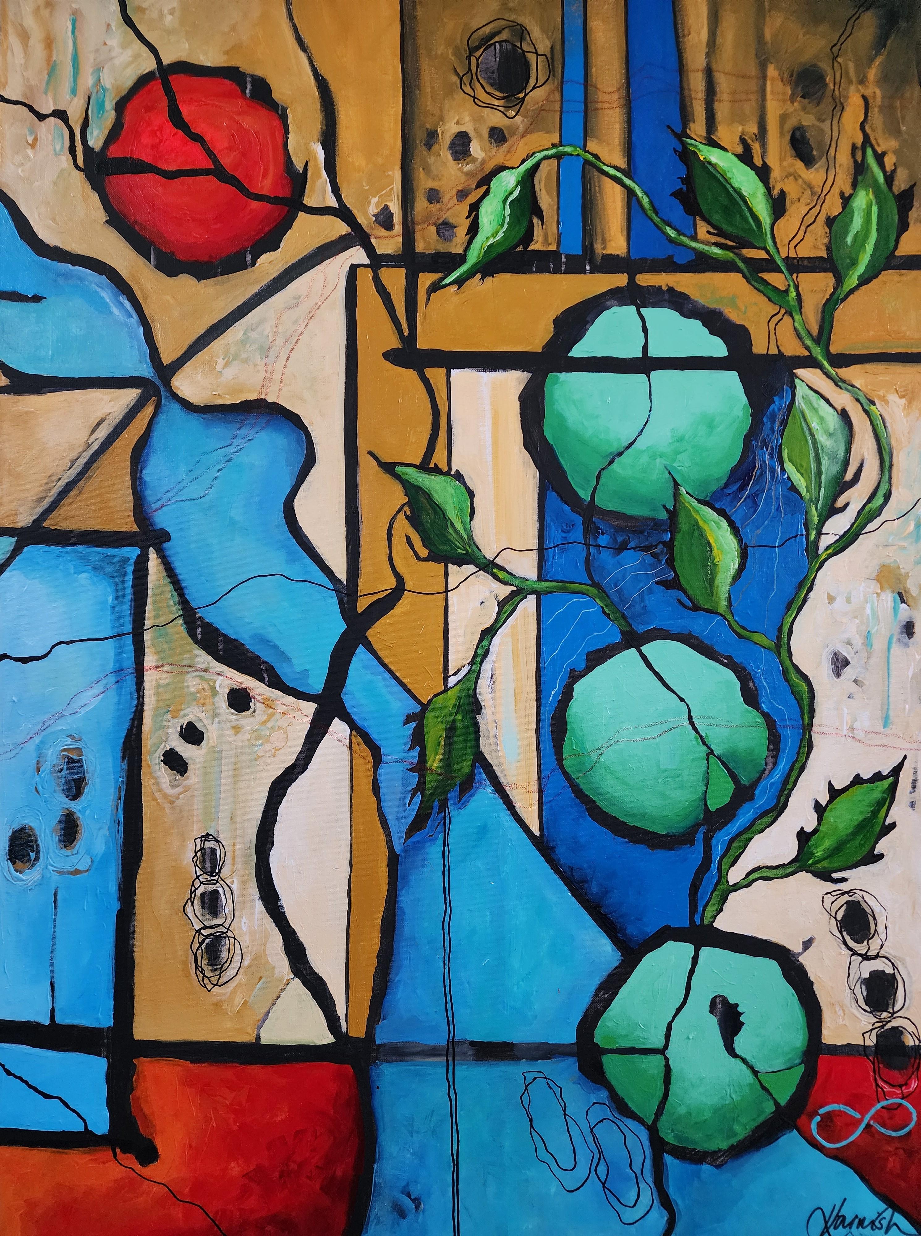 Erneuerung - Gemälde Diptychon Abstrakt Zeitgenössisch Fett Blau Grün Flora Einzigartig (Abstrakter Expressionismus), Painting, von Karnish Art