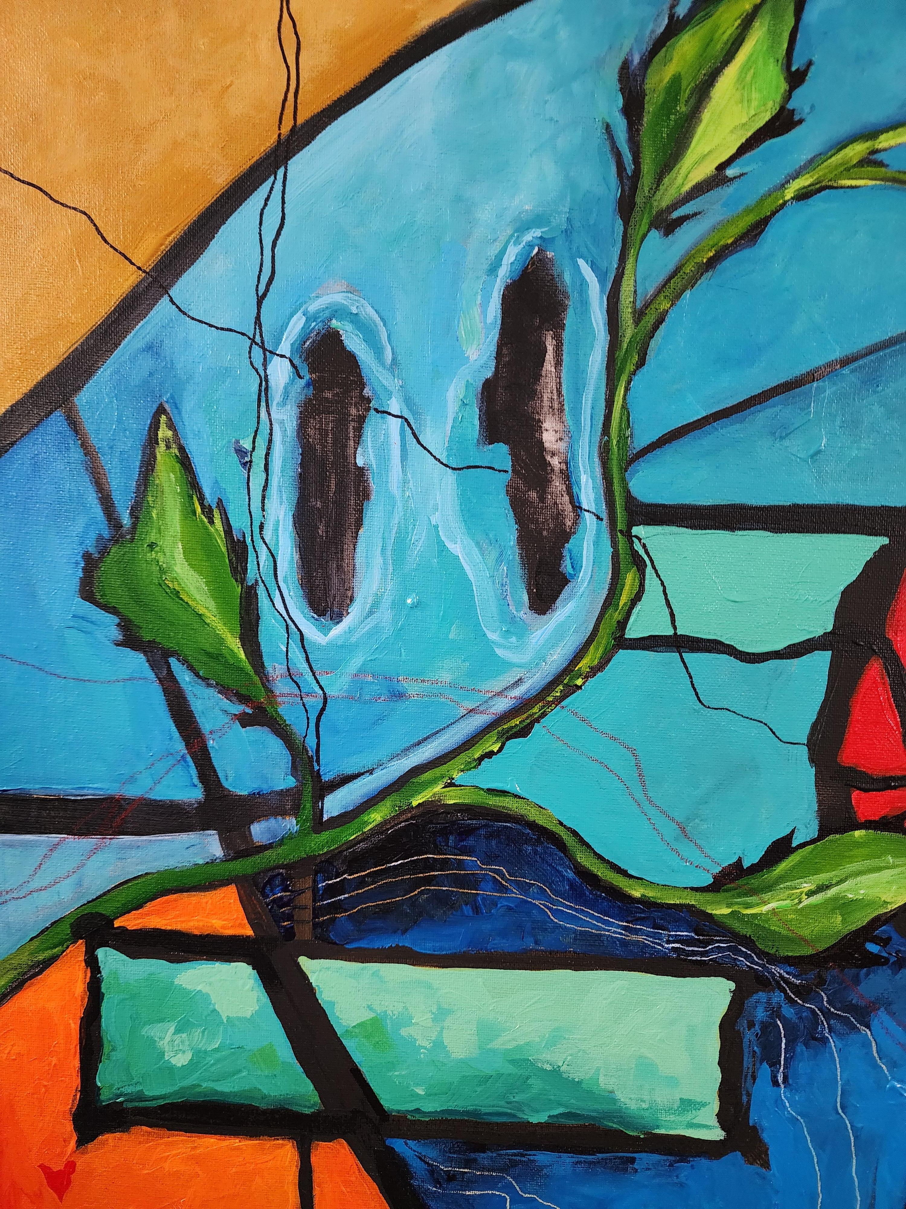 Erneuerung - Gemälde Diptychon Abstrakt Zeitgenössisch Fett Blau Grün Flora Einzigartig (Braun), Abstract Painting, von Karnish Art