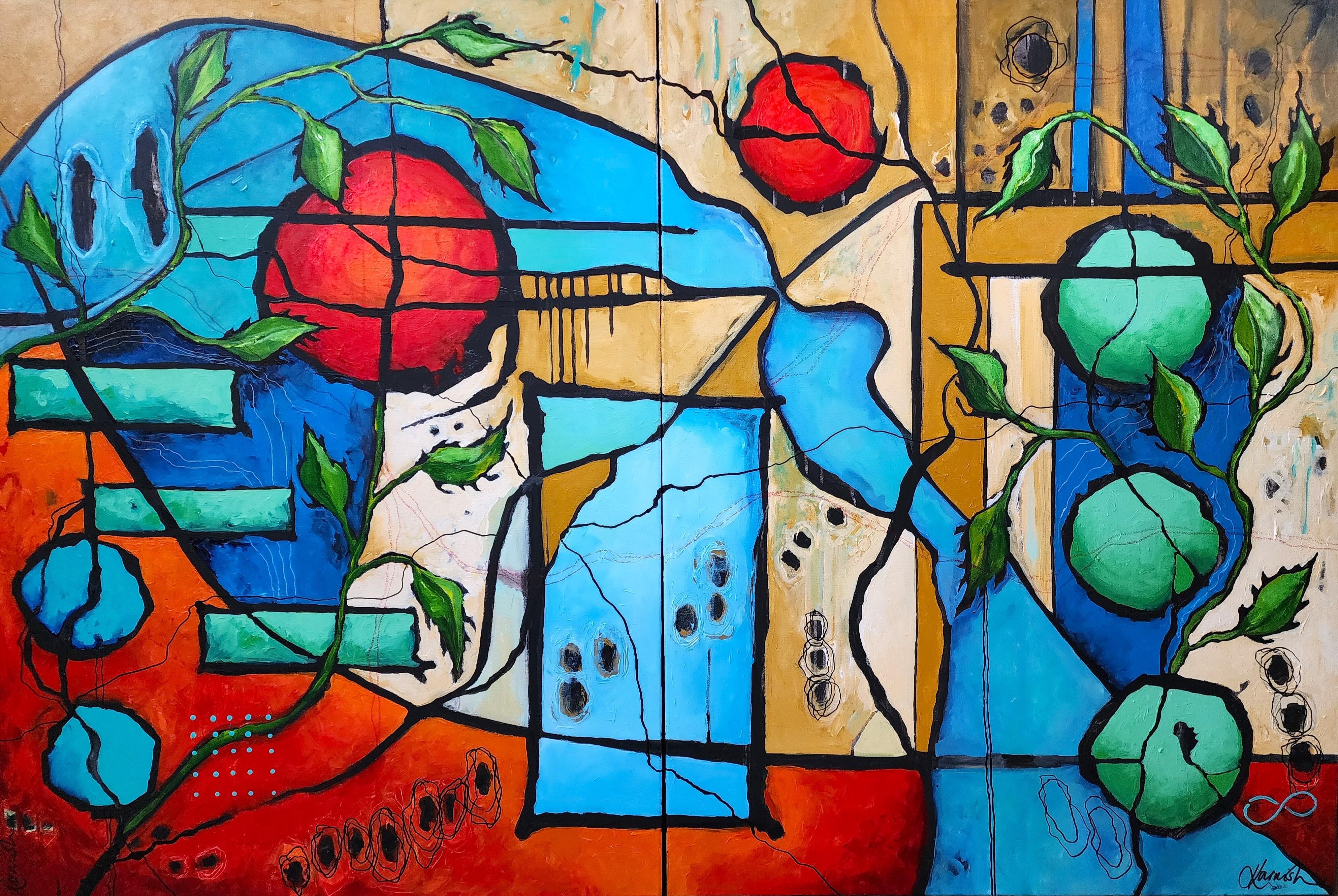 Karnish Art Abstract Painting – Erneuerung - Gemälde Diptychon Abstrakt Zeitgenössisch Fett Blau Grün Flora Einzigartig