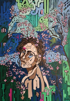 Sakura Hanami: Large Painting, Vibrant, Floral, Portrait, Original, New