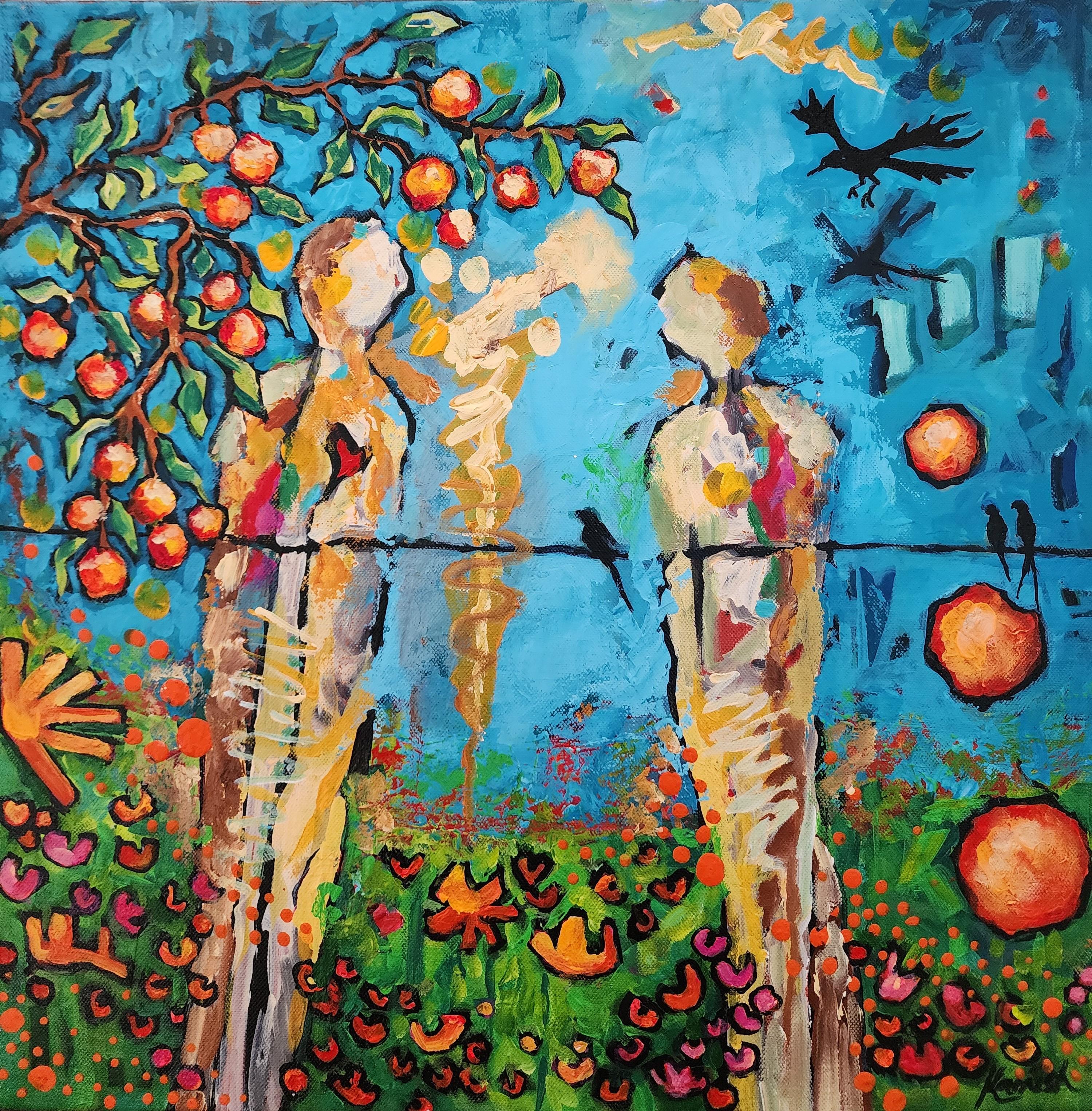 Sharing Abundant Space: Abstract Figurative, Acrylic Painting, Bold, Colorful