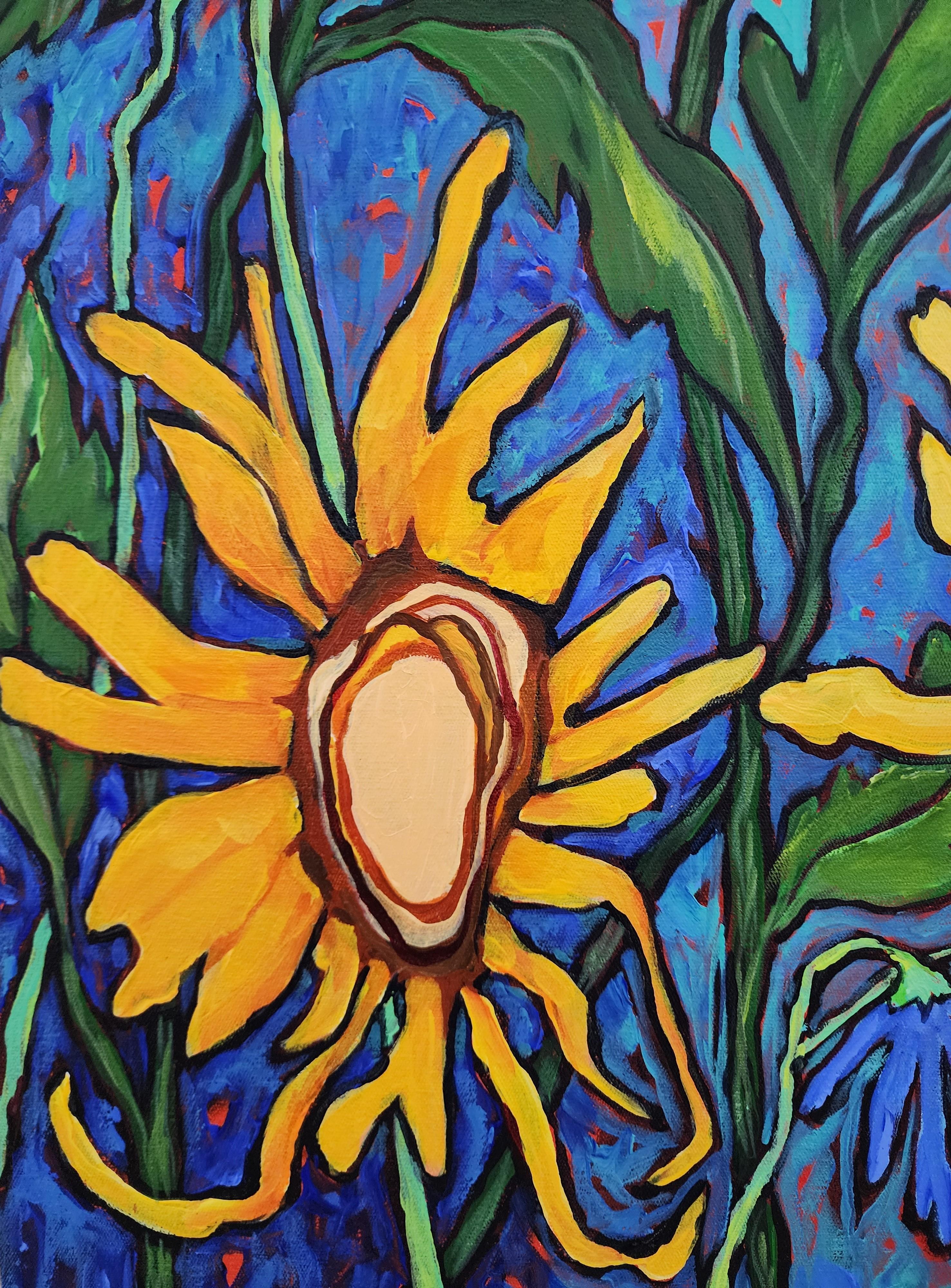 Soul Song Sunflowers - Florals, Landscape, Investment, Nature, Hope, Painting - Blue Landscape Painting by Karnish Art