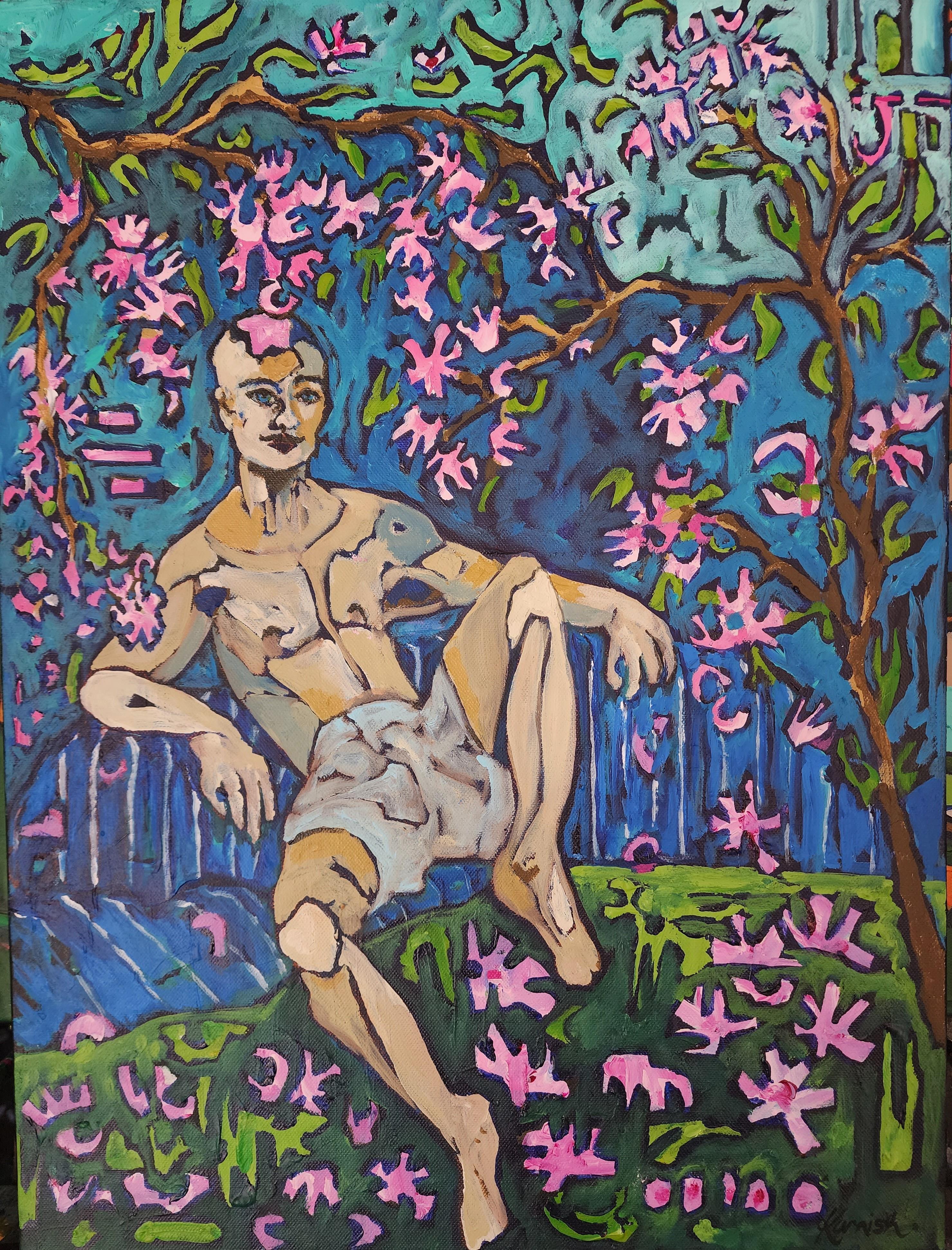 The Blue Picnic Blanket- Figurative Contemplate Male Gentle Kind Colorful Flower For Sale 3