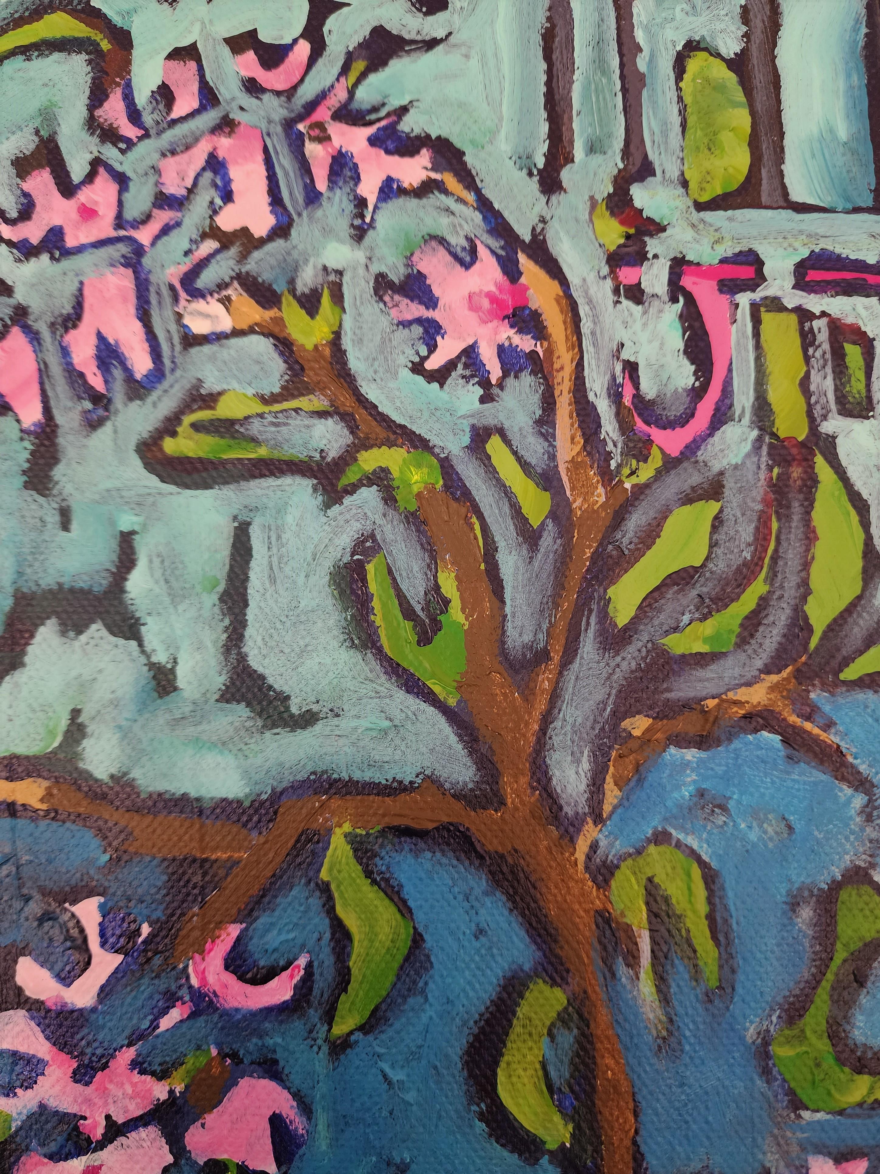 The Blue Picnic Blanket- Figurative Contemplate männliche Gentle Kind Bunte Blume (Schwarz), Abstract Painting, von Karnish Art