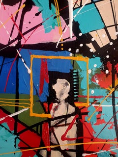 Colorful Abstract Painting: The Bridge Builder, Large, Bold Striking, Maximalism