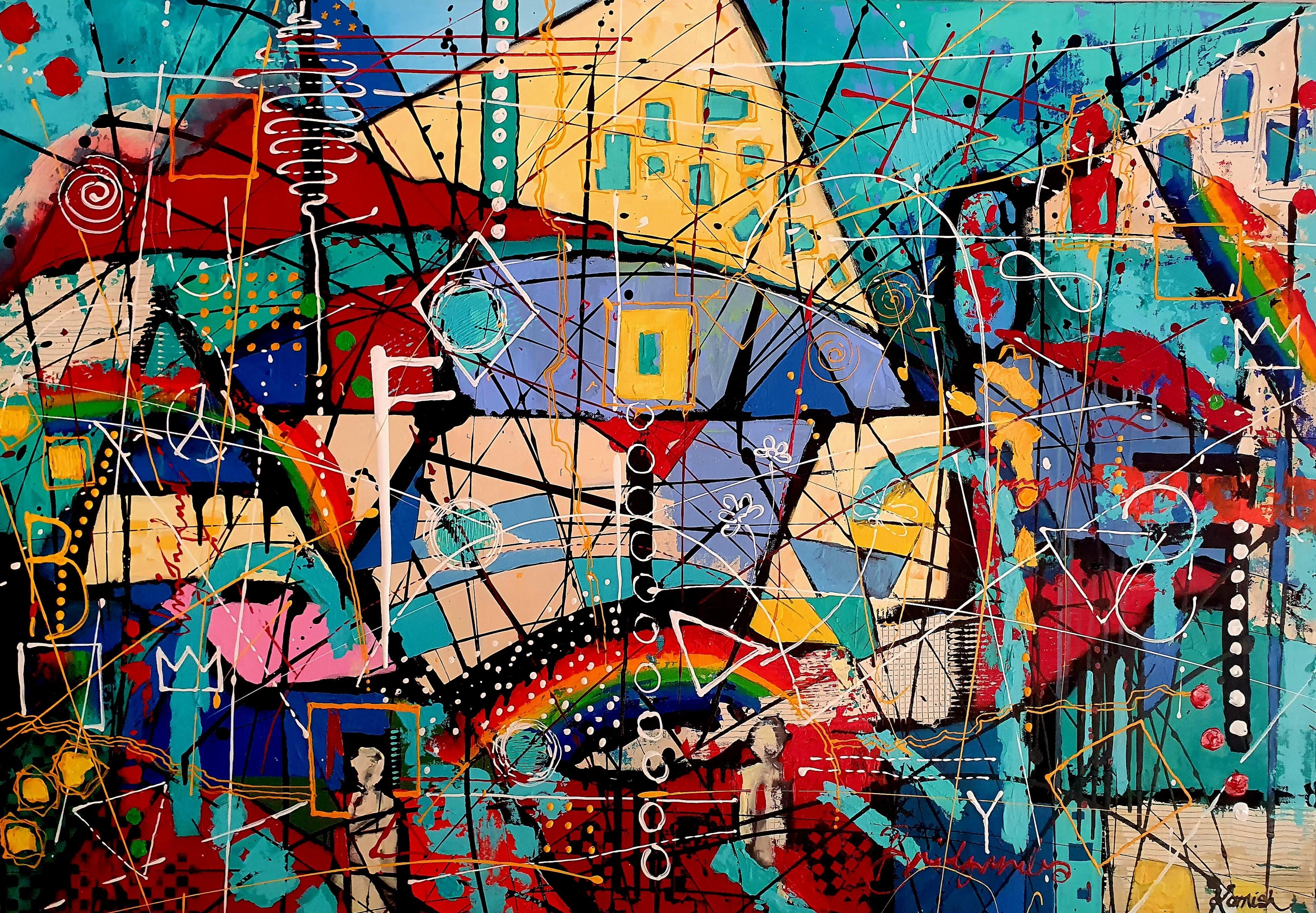 Abstract Painting di Karnish Art - Il costruttore di ponti - Astratto colorato originale autentico che colpisce la gioia di investire