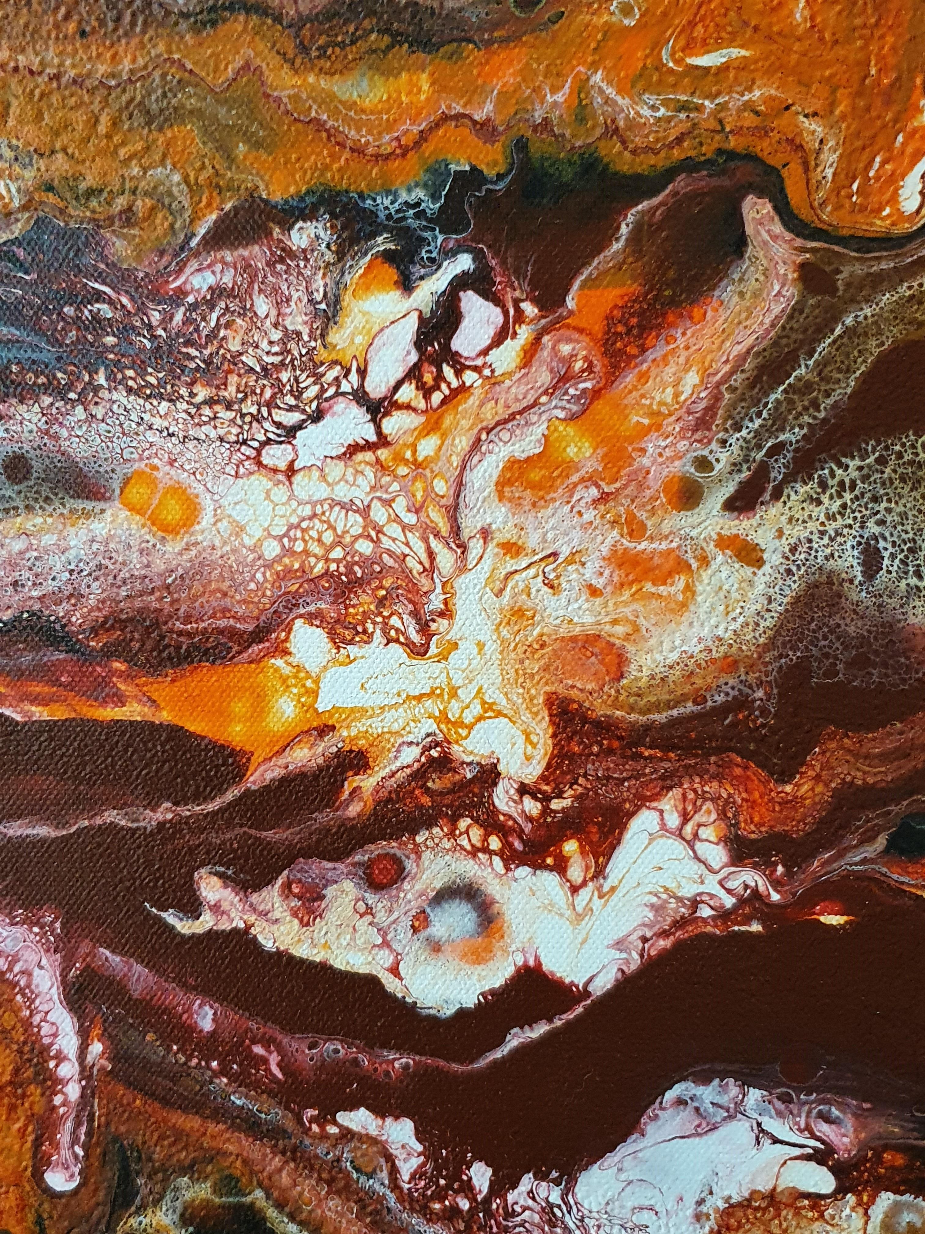 El Fuego Interior - Movimiento Flujo Energía Rojo Cálido Llamativo Pintura Fuego Pasión - Painting de Karnish Art