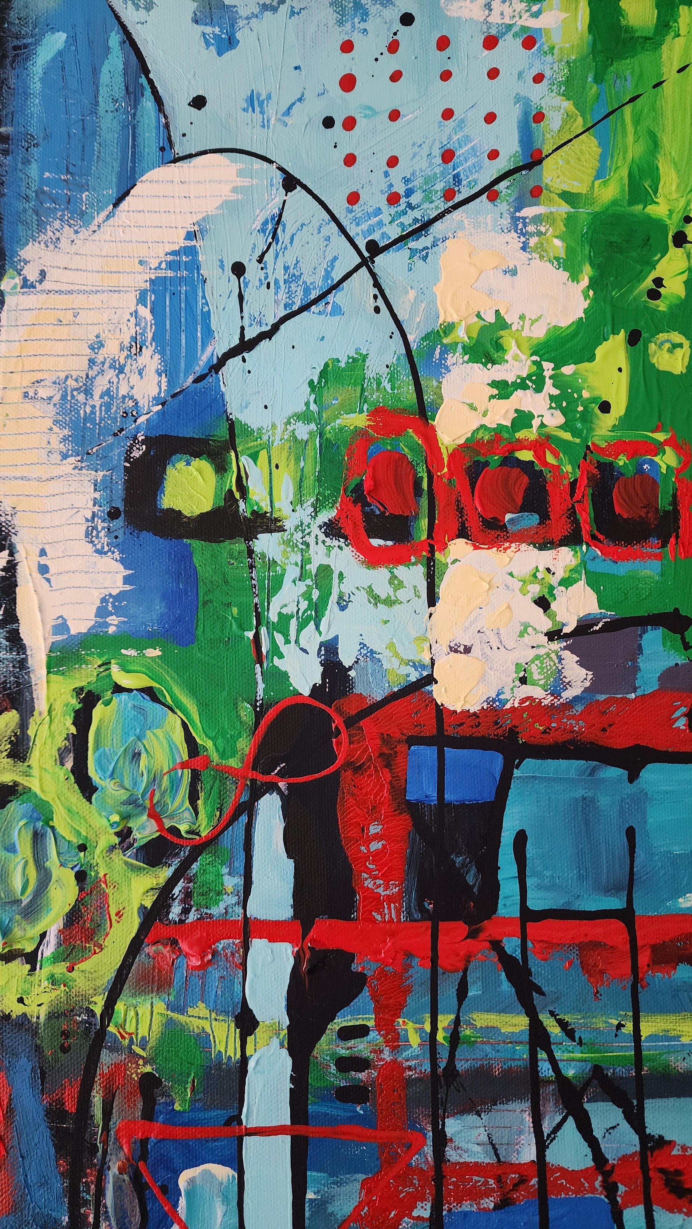 I Guardiani dell'Energia sono un'opera d'arte contemporanea brillante, che esprime vibrazione ed energia con il gioco di
texture, sfumature di blu, verde e rosso con pennellate espressive ad olio e acrilico.                                      