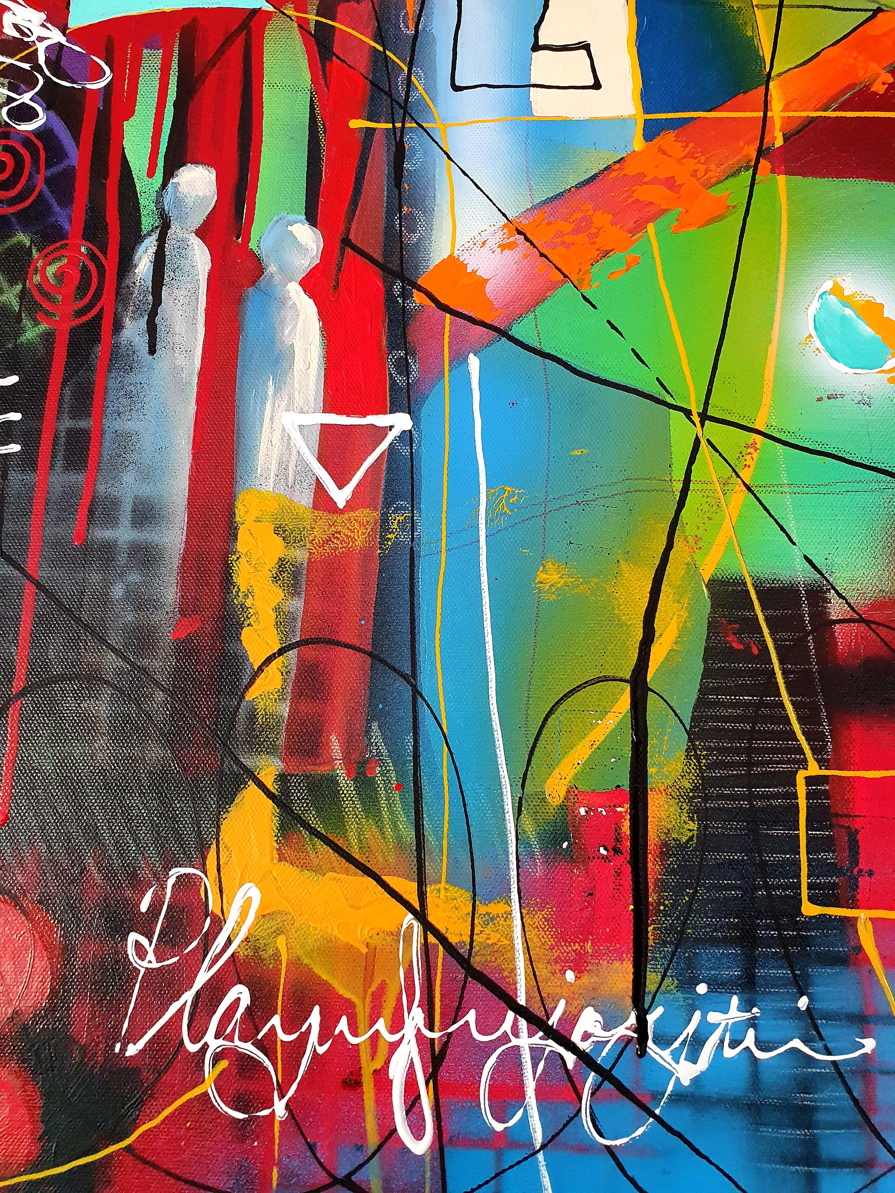 Die Wächter des Karnevals – farbenfrohes, auffälliges, abstraktes Kunstwerk des Expressionismus – Painting von Karnish Art