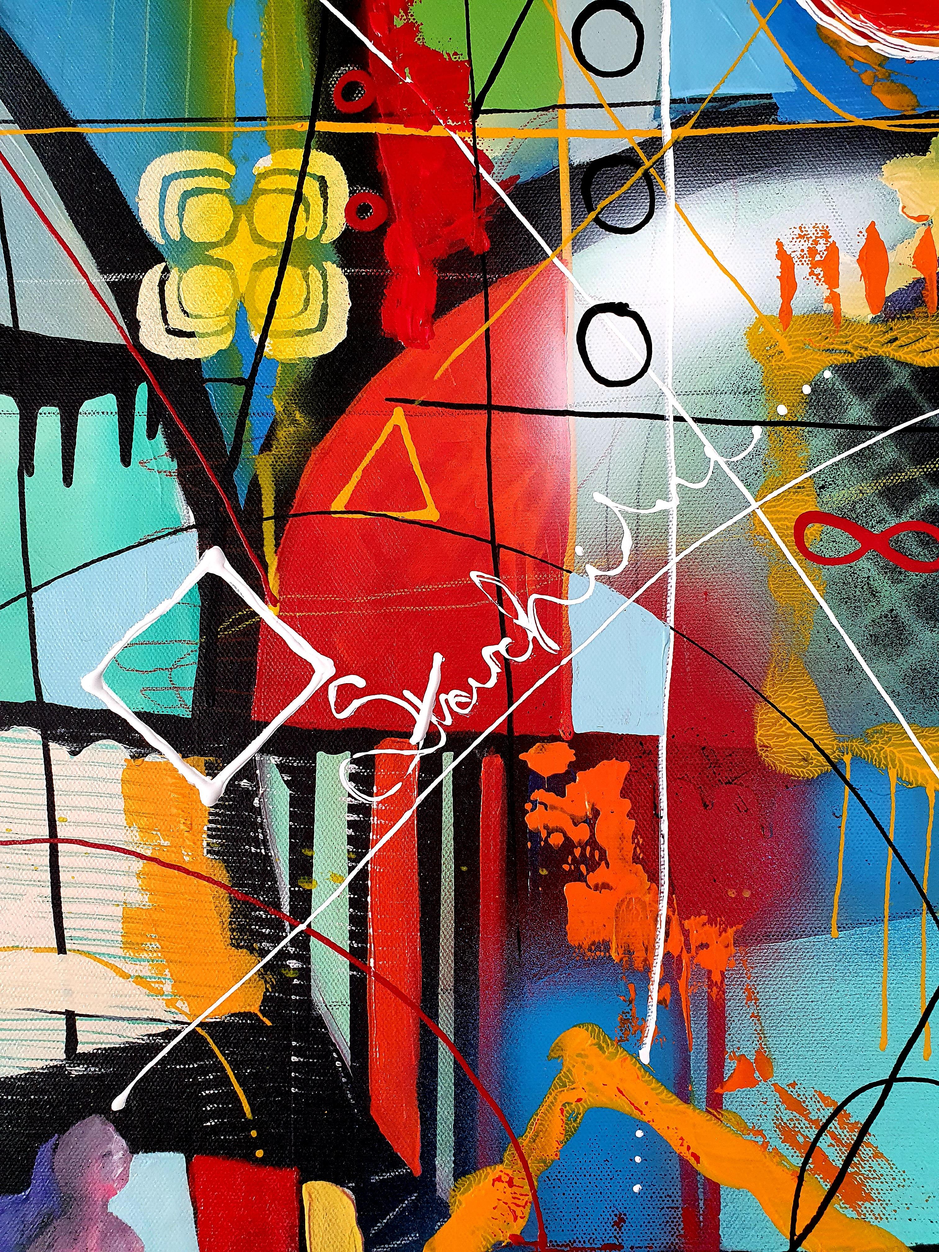 Die Wächter des Karnevals – farbenfrohes, auffälliges, abstraktes Kunstwerk des Expressionismus (Beige), Figurative Painting, von Karnish Art