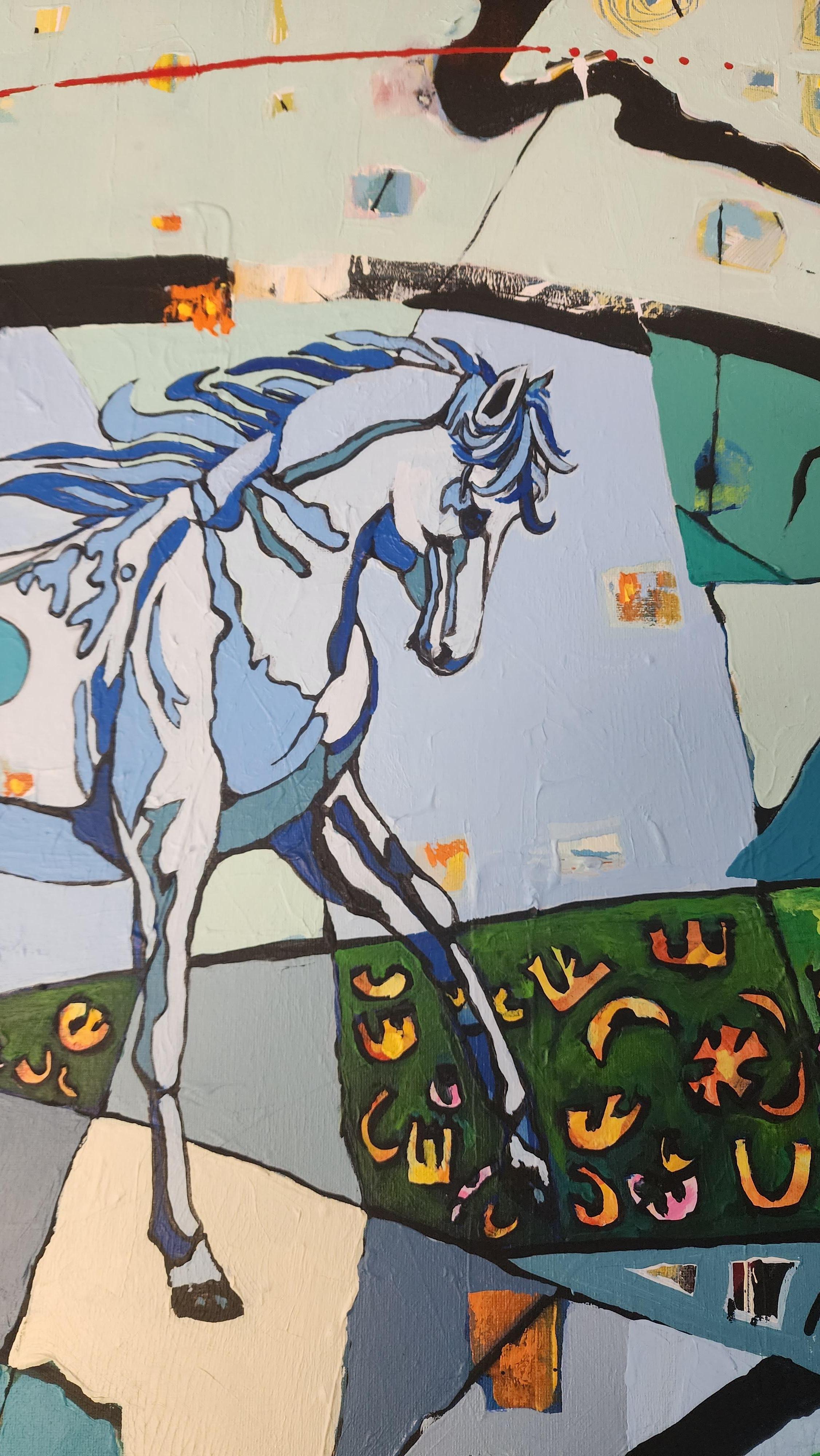 Über dem Regenbogen-Bridge Großes expressionistisches abstraktes, farbenfrohes Pferdegemälde (Abstrakter Expressionismus), Painting, von Karnish Art