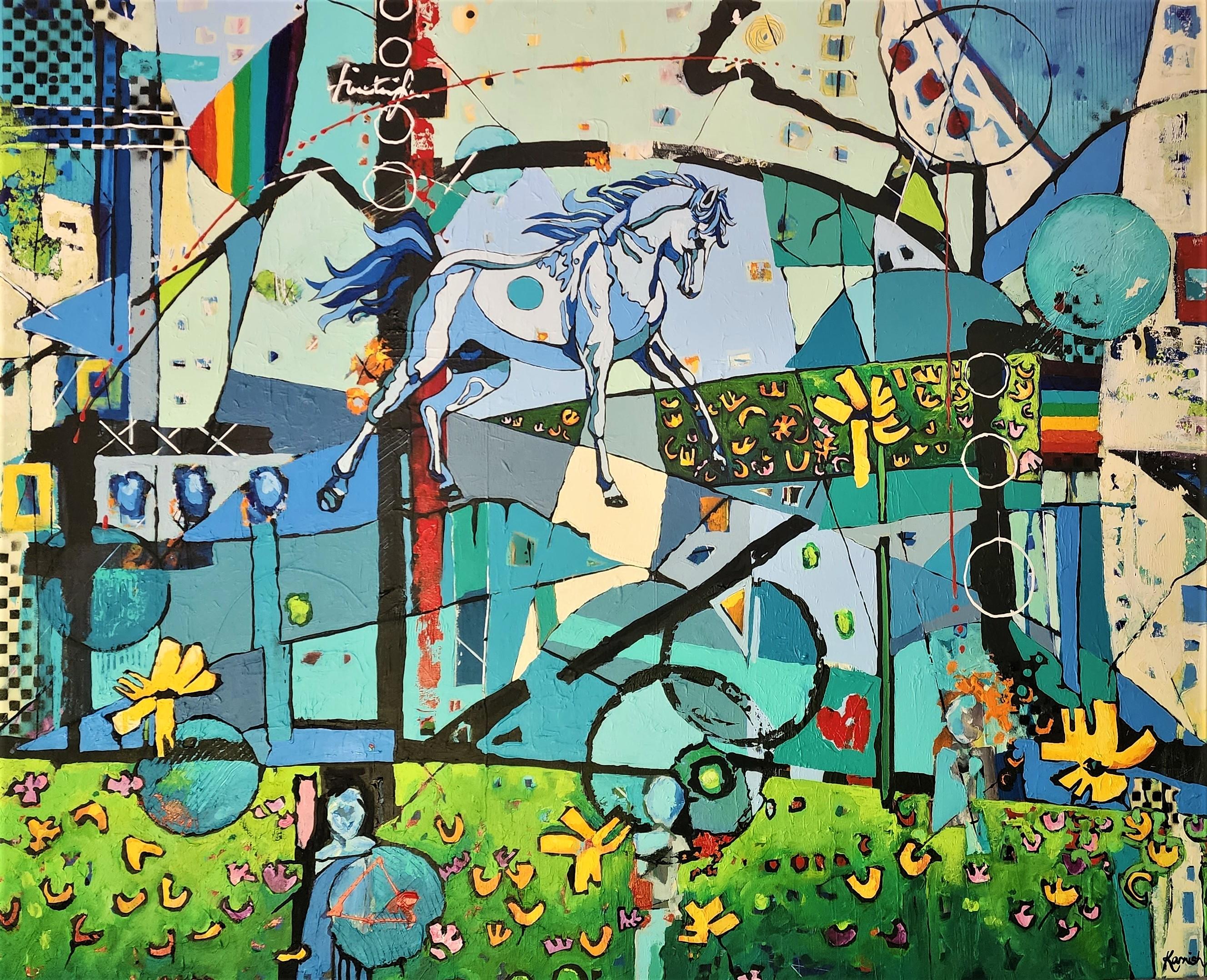 Abstract Painting di Karnish Art - Oltre il ponte dell'arcobaleno Grande quadro espressionista astratto a colori a forma di cavallo