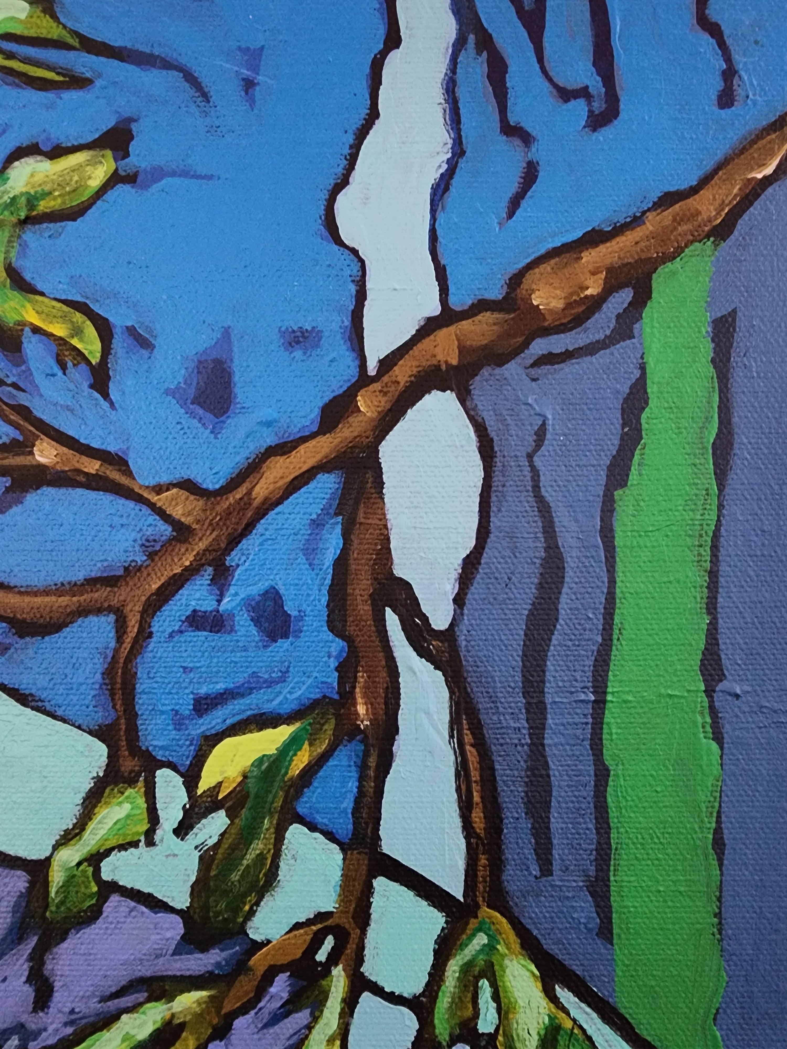 I custodi della saggezza - Gufi figurativi di grande effetto Colore intenso Blues Arte Abbondanza in vendita 8