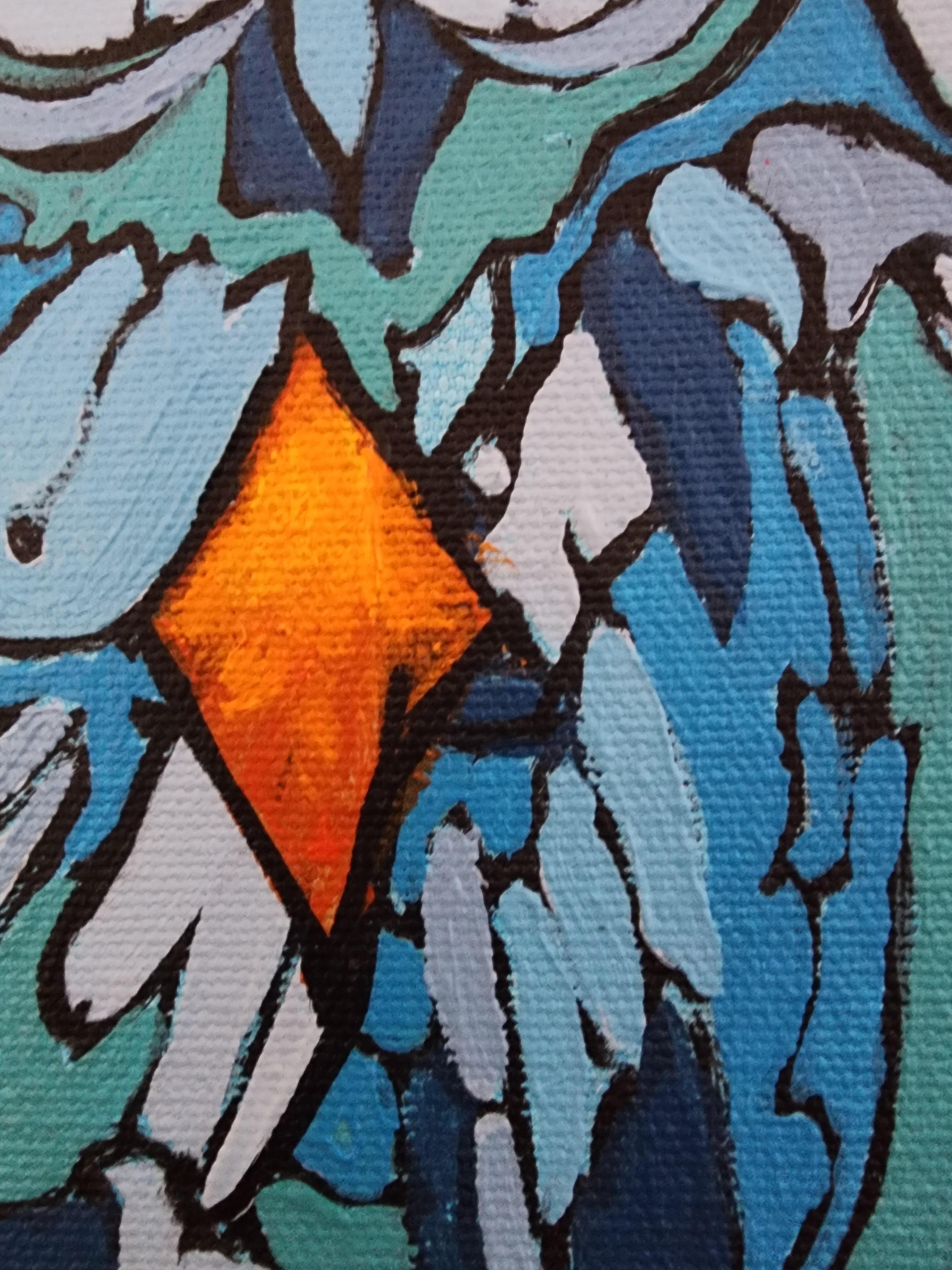 I custodi della saggezza - Gufi figurativi di grande effetto Colore intenso Blues Arte Abbondanza in vendita 12