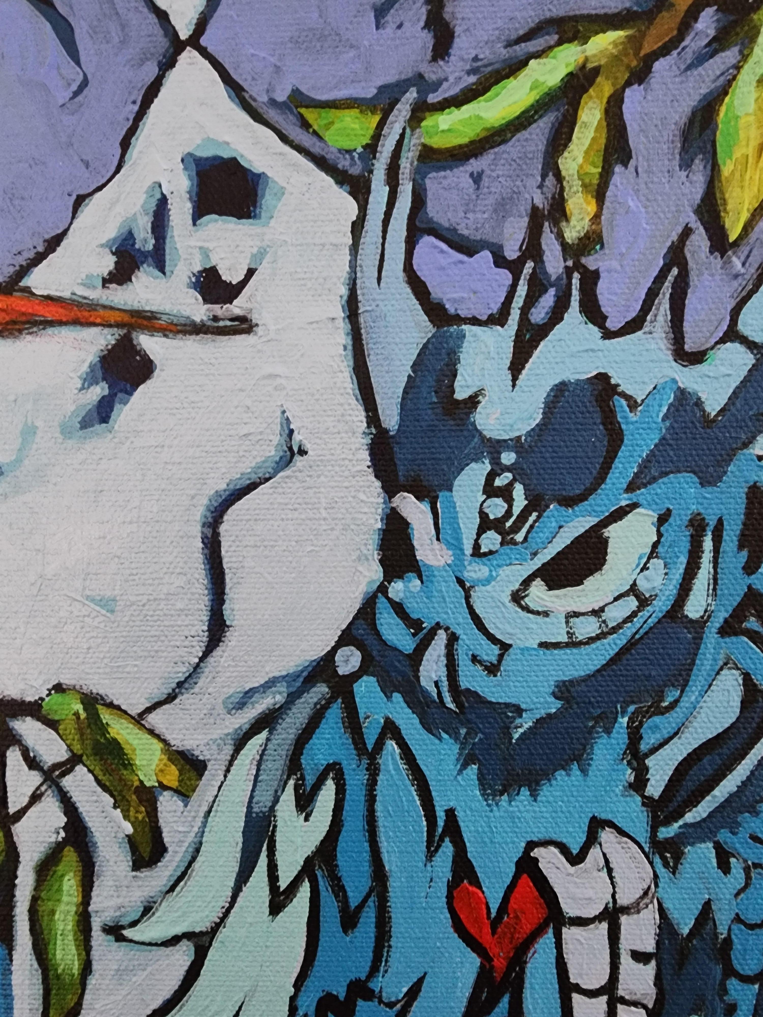 I custodi della saggezza - Gufi figurativi di grande effetto Colore intenso Blues Arte Abbondanza in vendita 4