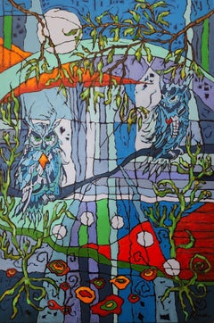 The Wisdom Keepers – auffällige figurative Eulen, intensive Farben, Blues, Kunstabundance