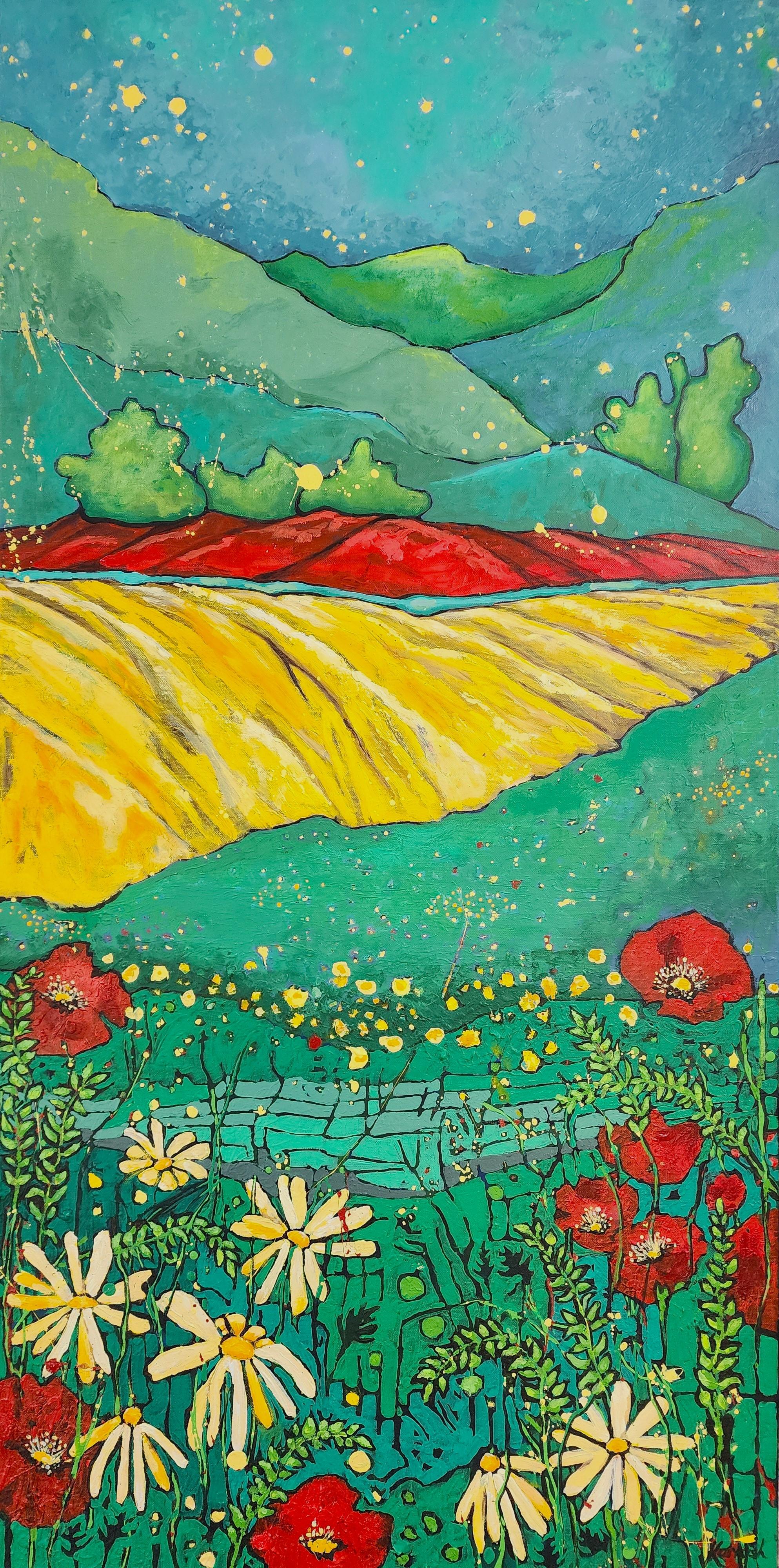 Landscape Painting de Karnish Art - Wheatfield Flower Wonder - Delicia Floral de Colores Invertir Alegría Inspirada en Van-Gogh