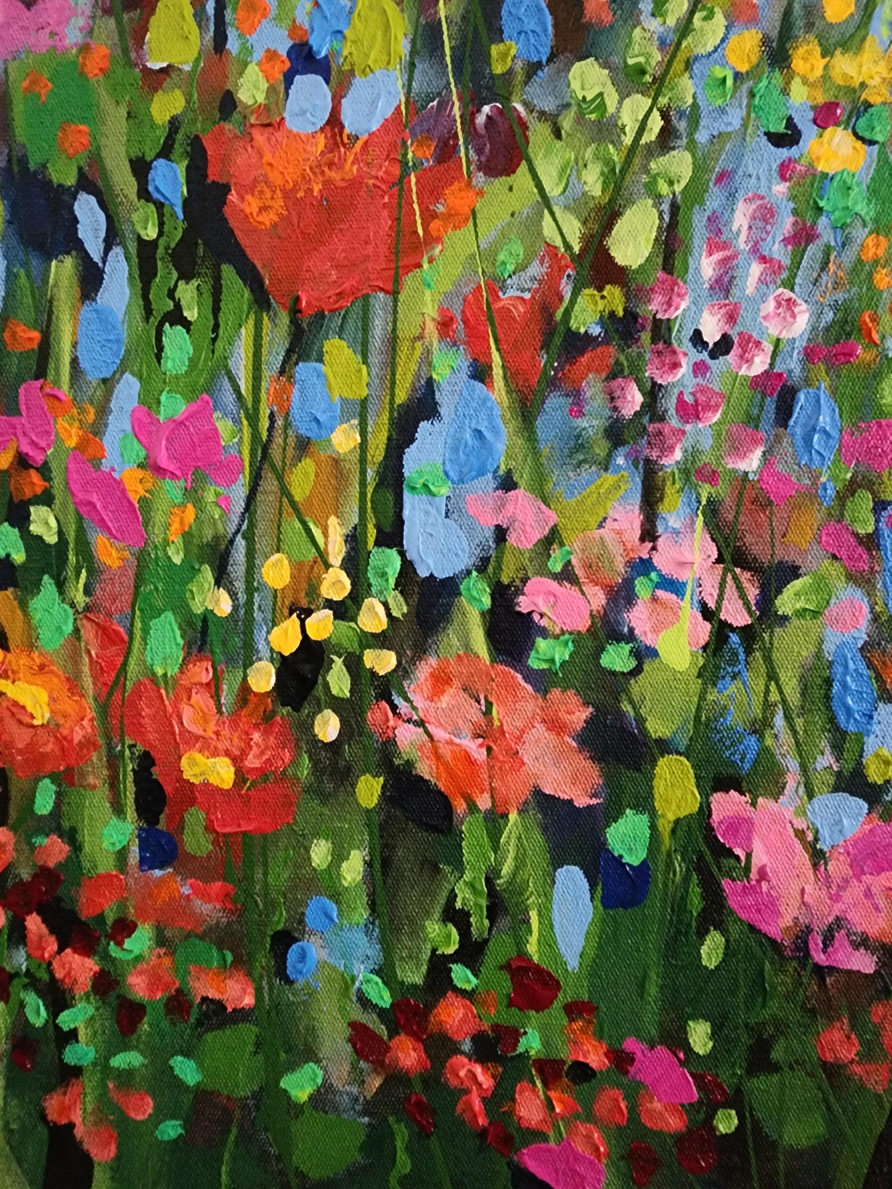 Célébration des fleurs sauvages - Peinture aux couleurs abondantes et florale « Mother Earth Striking » - Painting de Karnish Art
