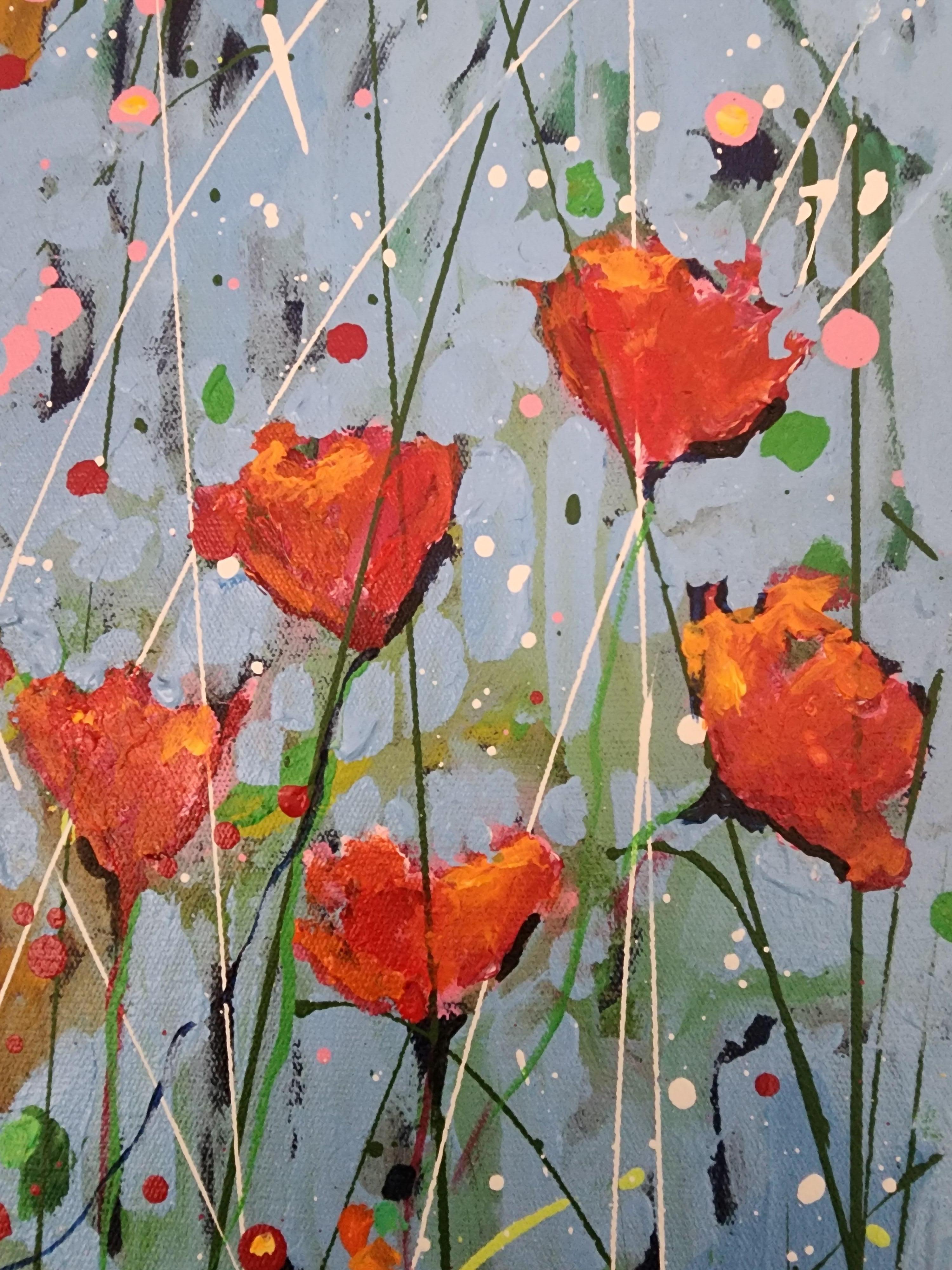 Wildflower song for you - Nature Floral Painting Colorful Blue Joy Mother Earth (Grau), Landscape Painting, von Karnish Art