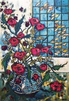 You brought Sunshine and Summer: Original Floral Painting, Blue vase, Geese.