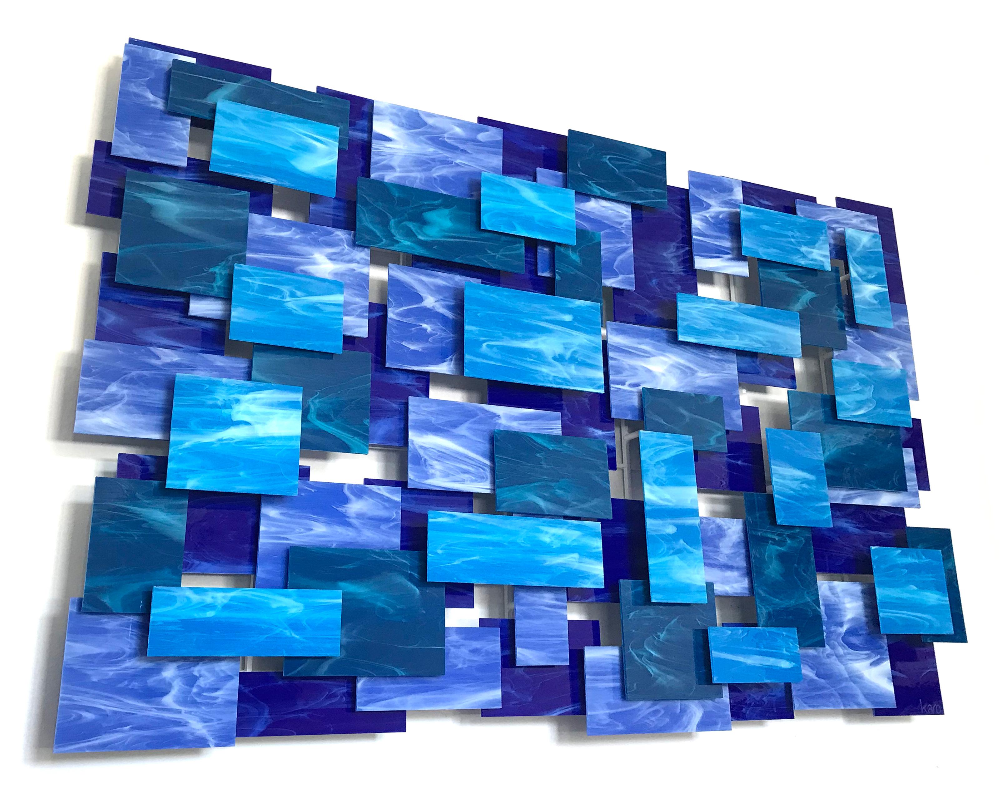 Cascade, Abstract 3D Original Glass and Metal Wall Sculpture, Modern Design - Blue Abstract Sculpture by Karo Martirosyan