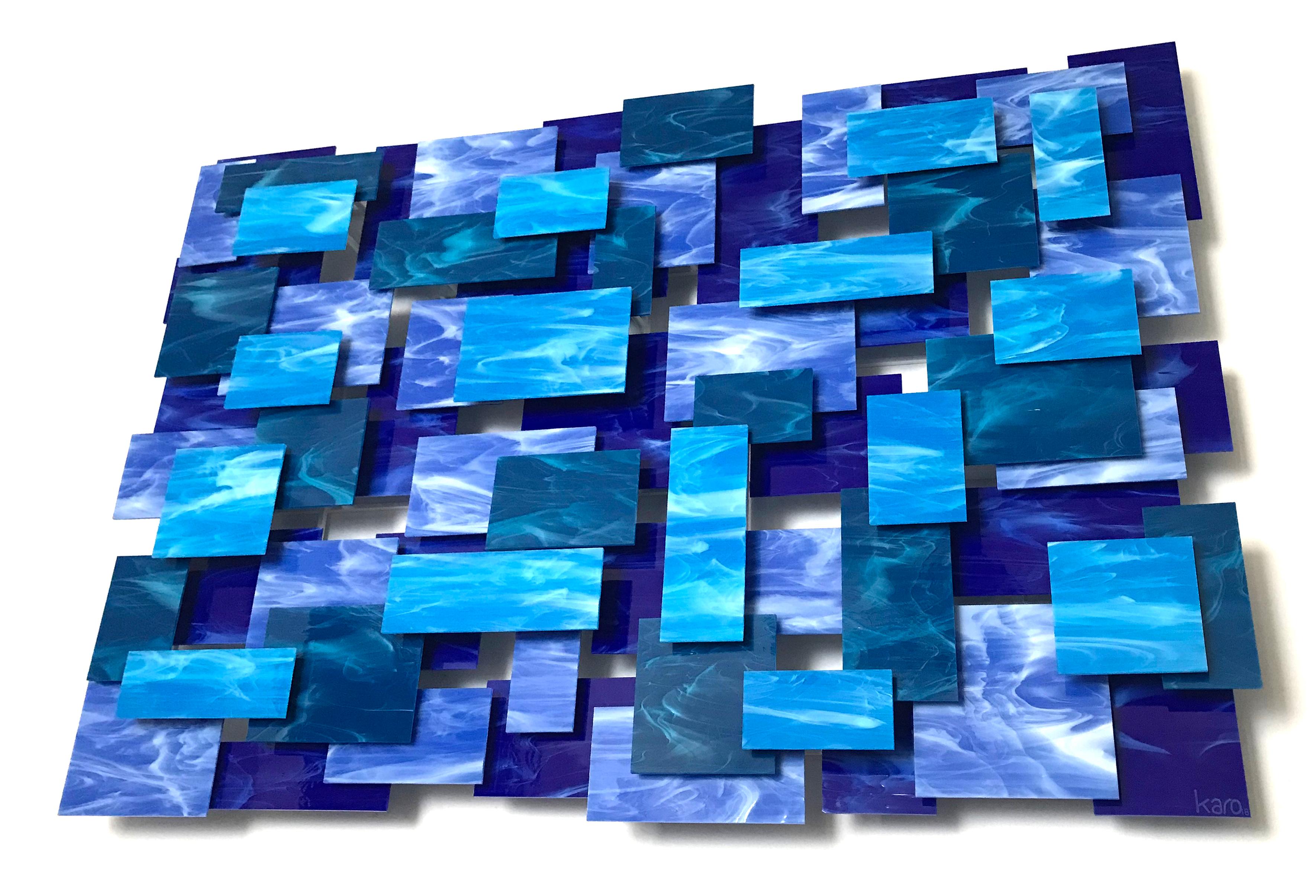 Cascade, Modern, Abstract Art, Original Glass and Metal Wall Sculpture - Blue Abstract Sculpture by Karo Martirosyan