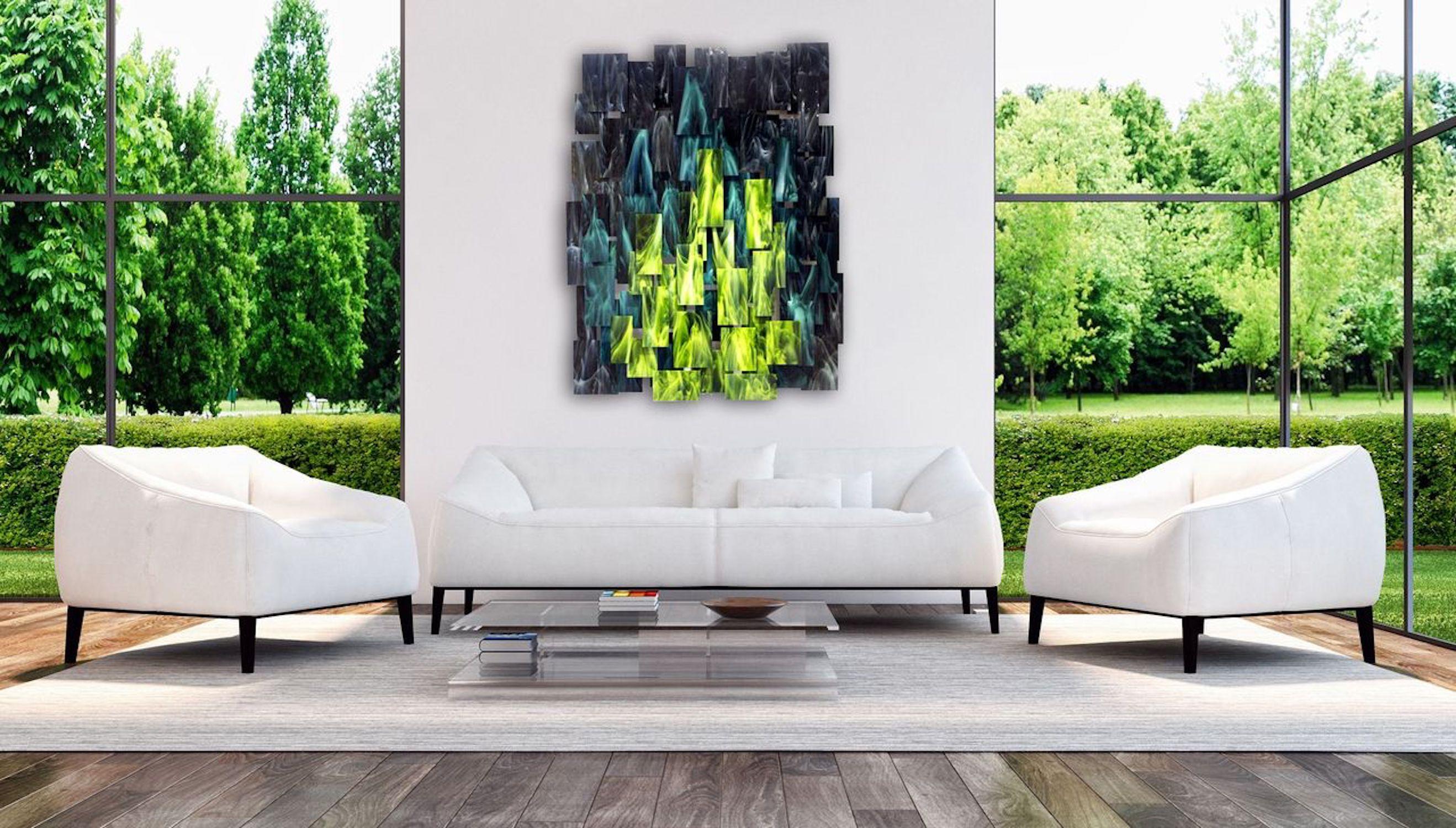 Forest, sculpture murale originale en verre et métal abstrait en 3D - Noir Abstract Sculpture par Karo Martirosyan