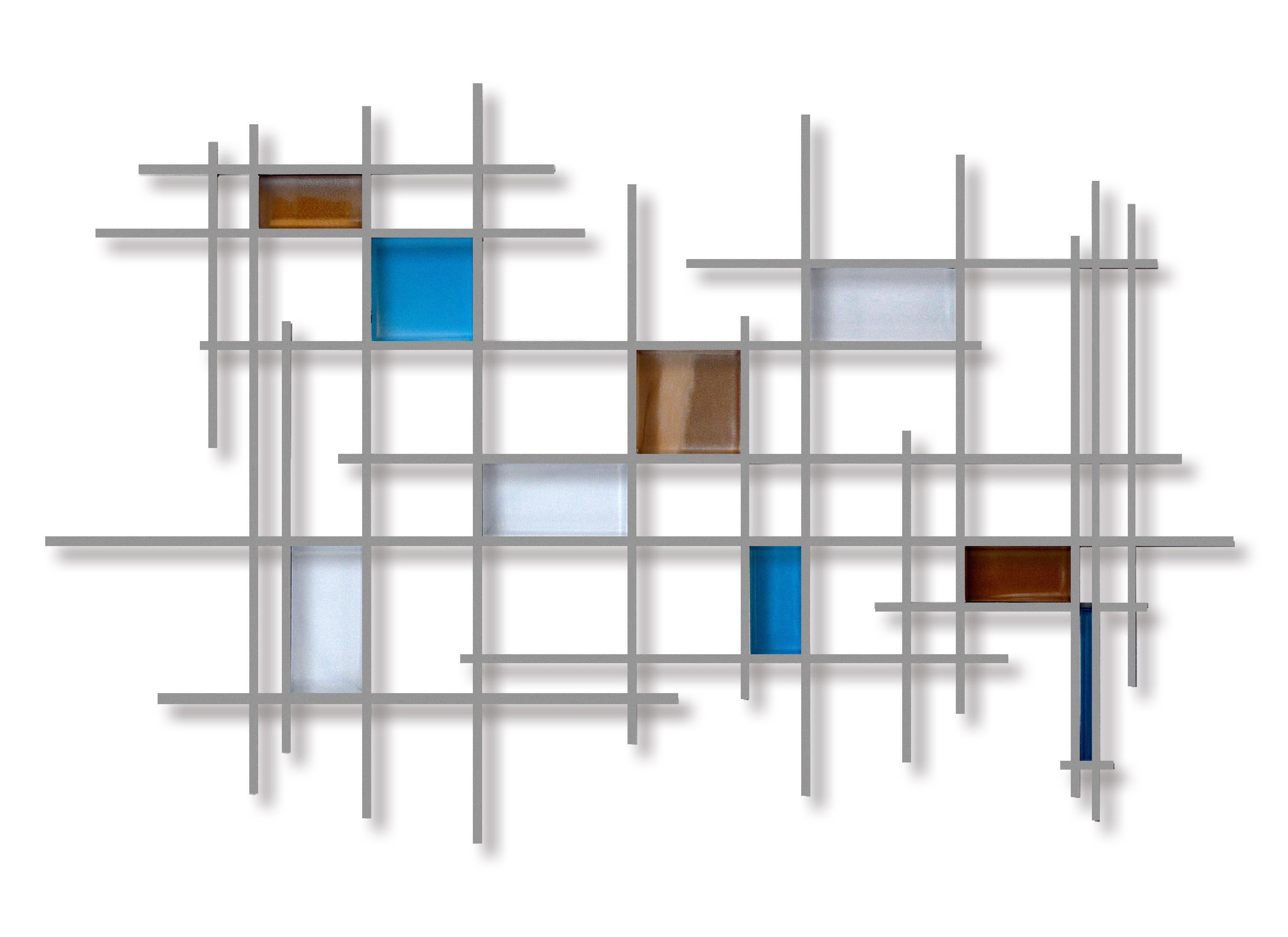 Gridded, Abstract 3D Original Glass and Metal Wall Sculpture, Modern Art