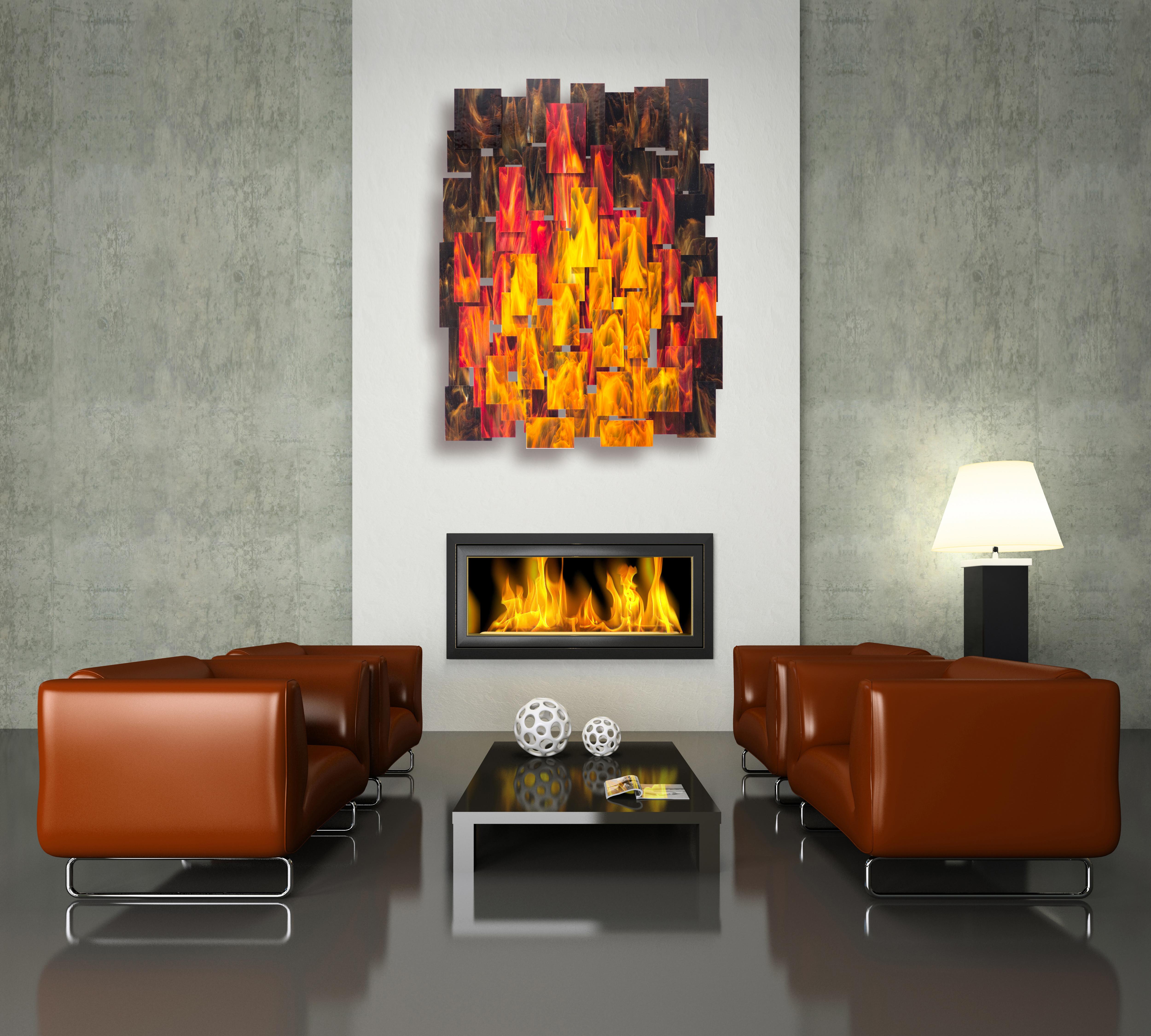 Inferno, Abstract 3D Original  Glass and Metal Wall Sculpture, Modern Art For Sale 1