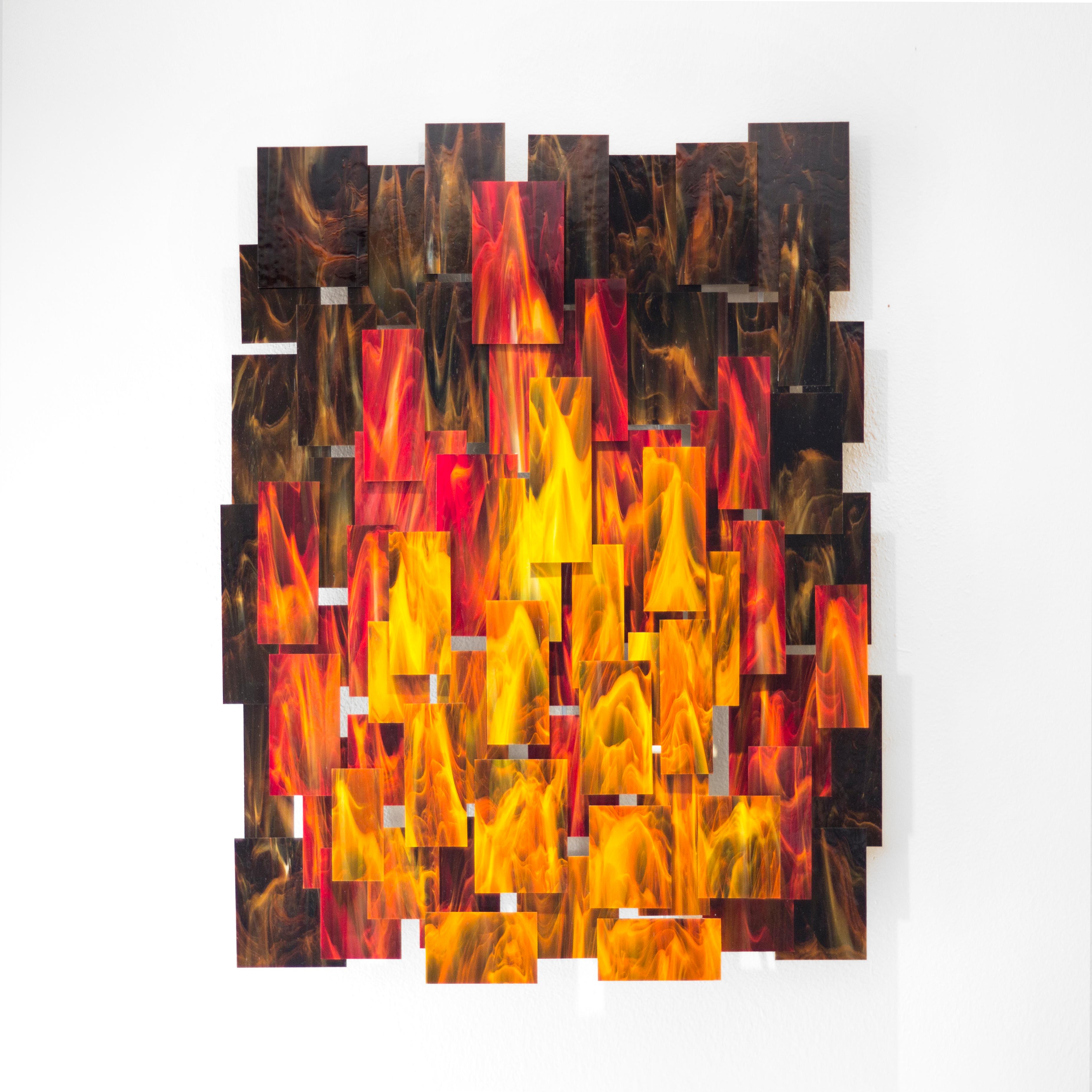 Inferno, Abstraktes 3D-Original  Wandskulptur aus Glas und Metall, Moderne Kunst der Glaskunst