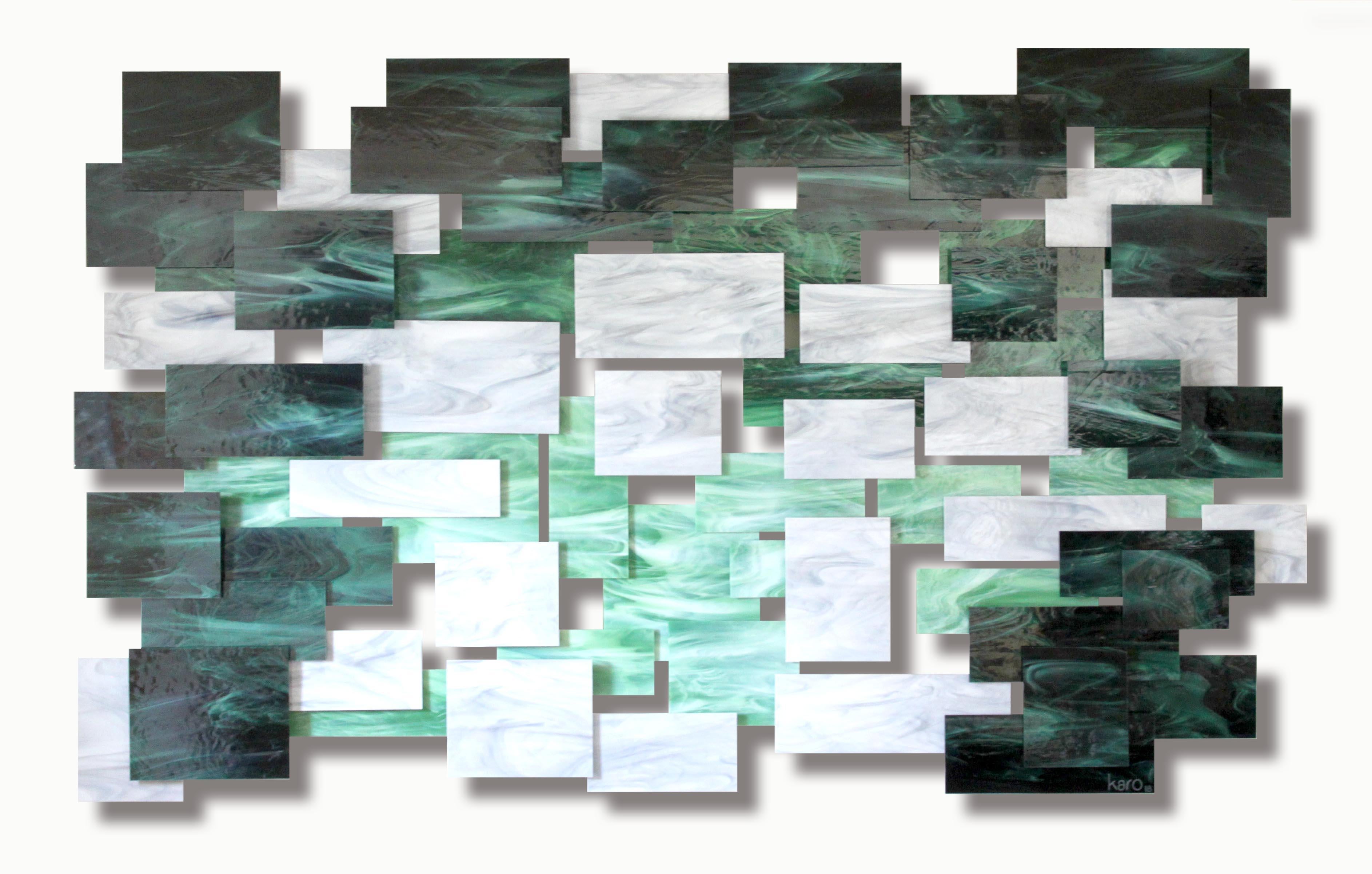 Karo Martirosyan Abstract Sculpture - Malachite, Abstract Art 3D Original  Glass and Metal Wall Sculpture, Modern Art