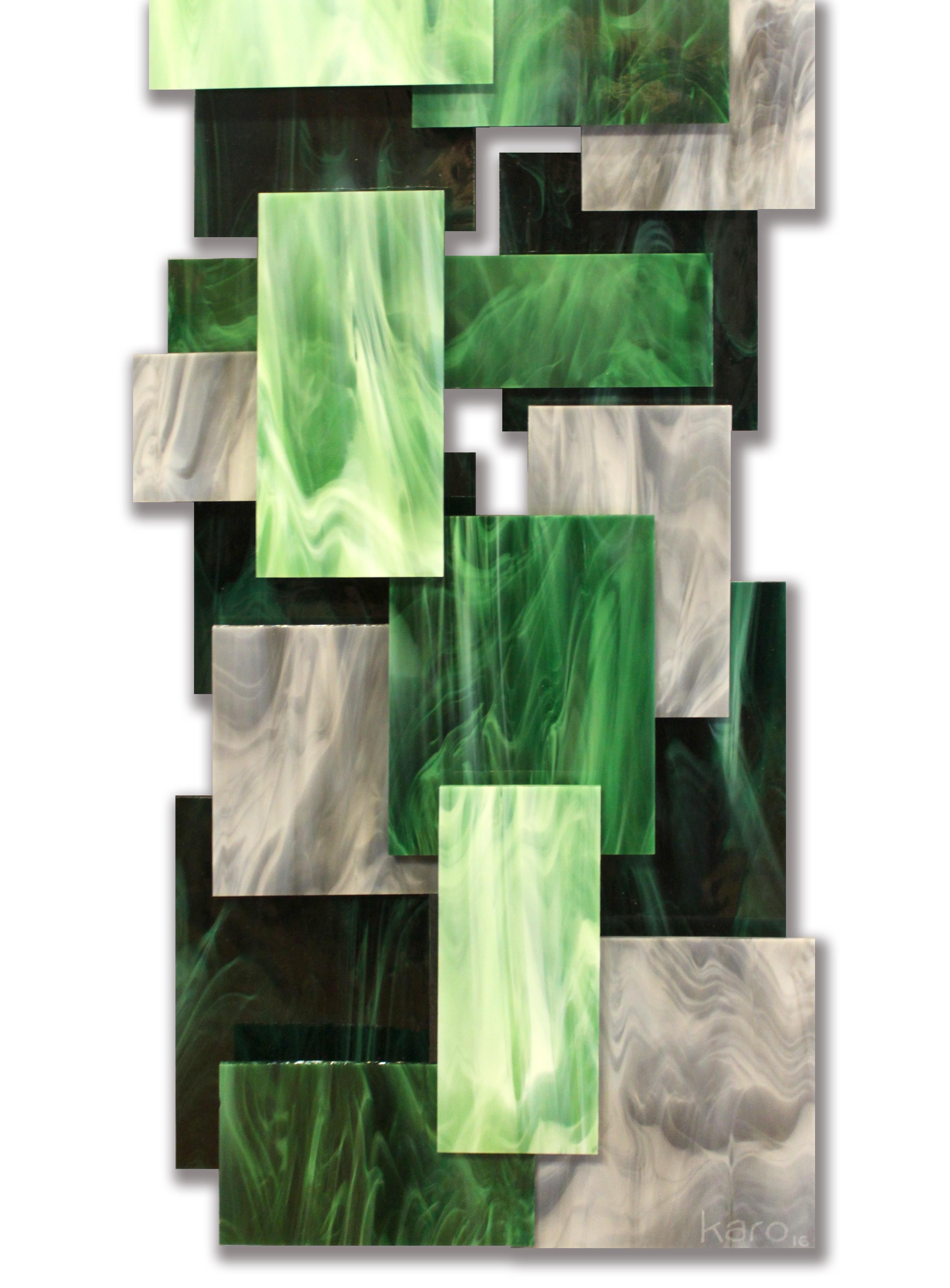 Art abstrait 3D Original  Sculpture murale prête à accrocher
Artistics : Karo Martirosyan,  
Travail : Œuvre d'art originale,  
Moyen : Sculpture murale en verre et métal, 
Année : 2024 
Style : Art contemporain,  
Sujet : Malachite,
Taille : 48