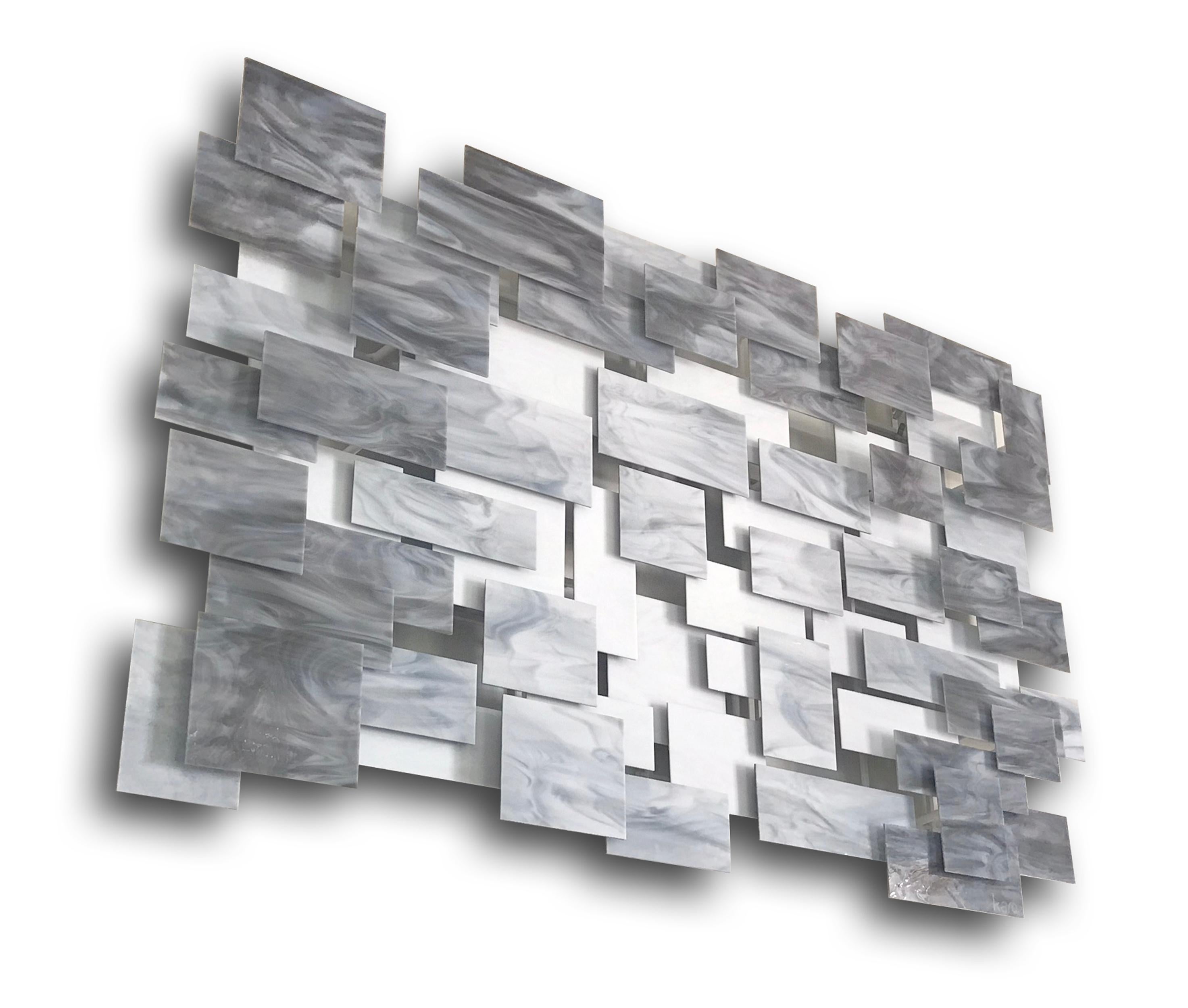 Monochrome, Abstract 3D, Original Glass and Metal Wall Sculpture - Gray Abstract Sculpture by Karo Martirosyan