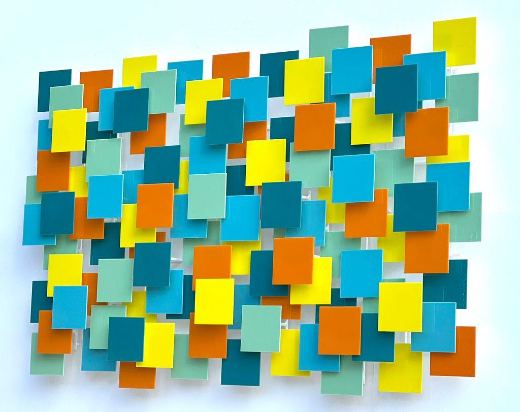 Playtime II, Abstract Modern 3D Original Glass and Metal Wall Sculpture - Yellow Abstract Sculpture by Karo Martirosyan