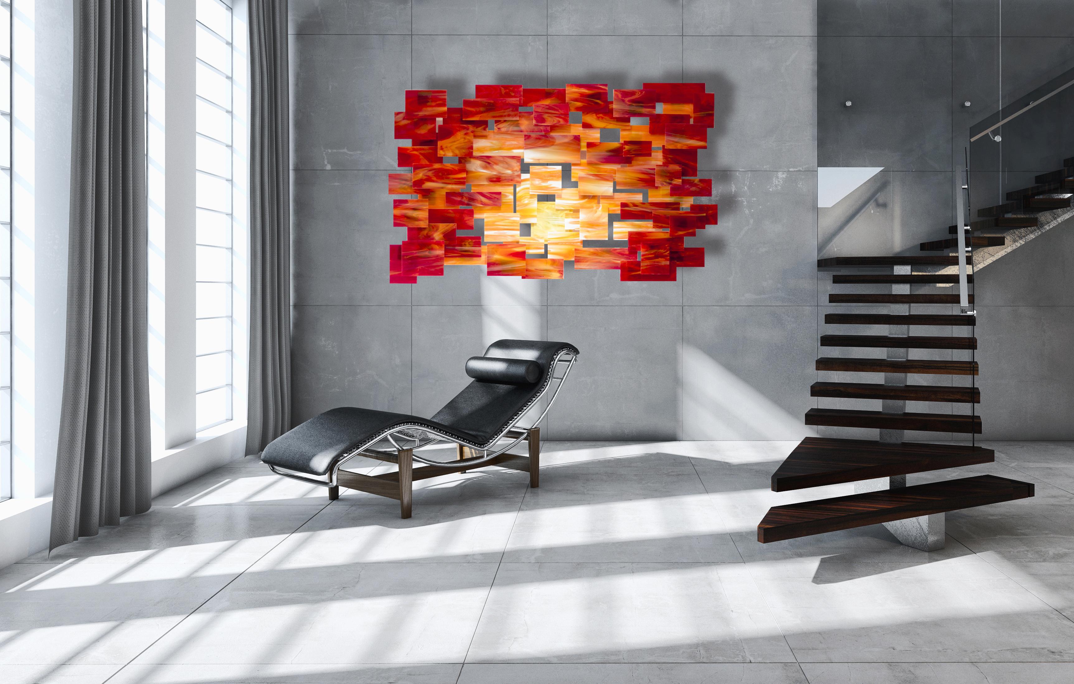 Artista: Karo Martirosyan,  
Obra: Obra original,  
Medio: Escultura mural de vidrio y metal, 
Año: 2024 
Estilo: Arte contemporáneo,  
Tema: Puesta de sol,
Tamaño: 91x147x10 cm, 35 libras, lista para colgar.  

Las piezas individuales de vidrio se