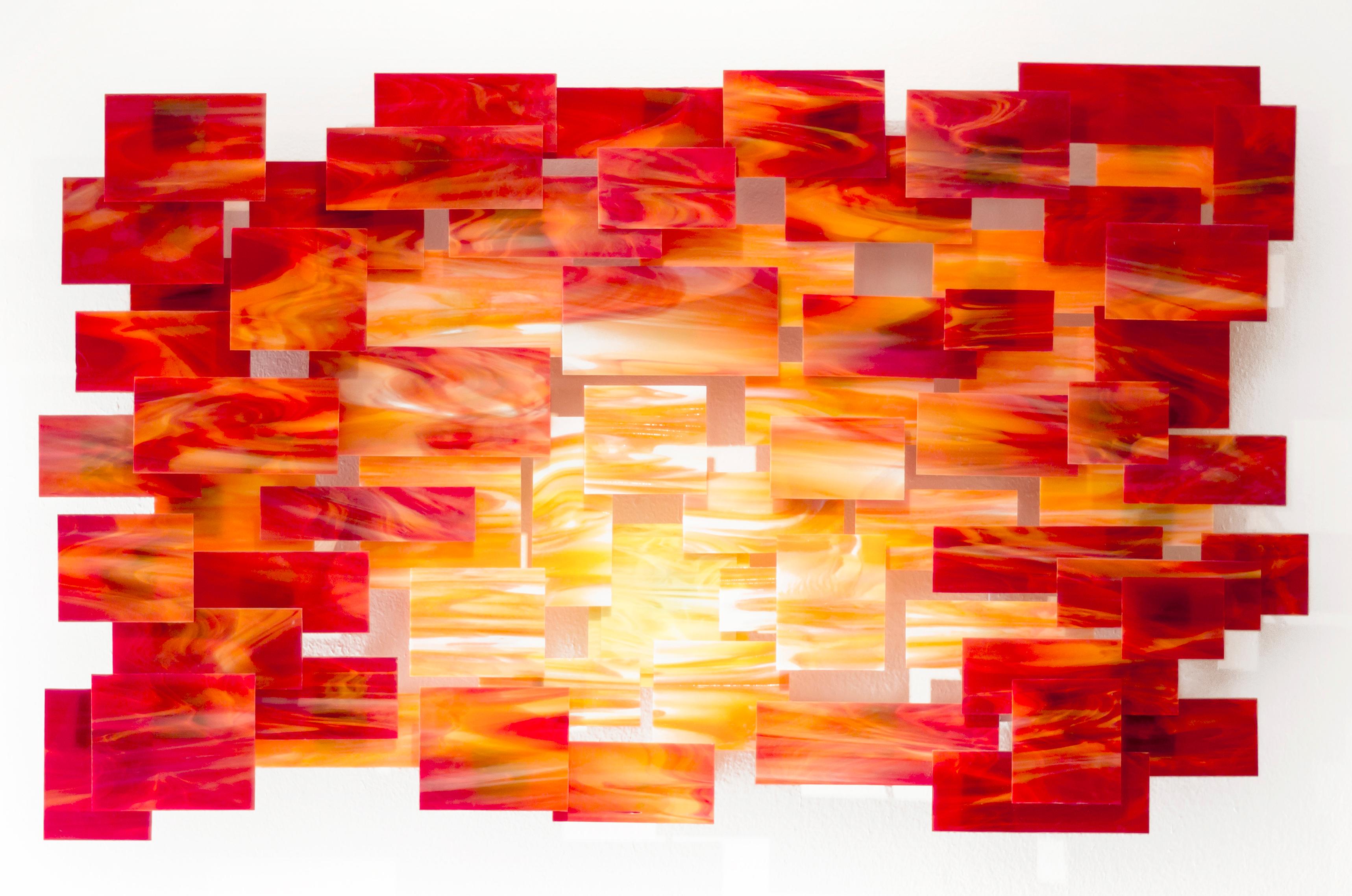 Sonnenuntergang, Abstraktes 3D-Original  Wandskulptur aus Glas und Metall, Moderne Kunst der Glaskunst