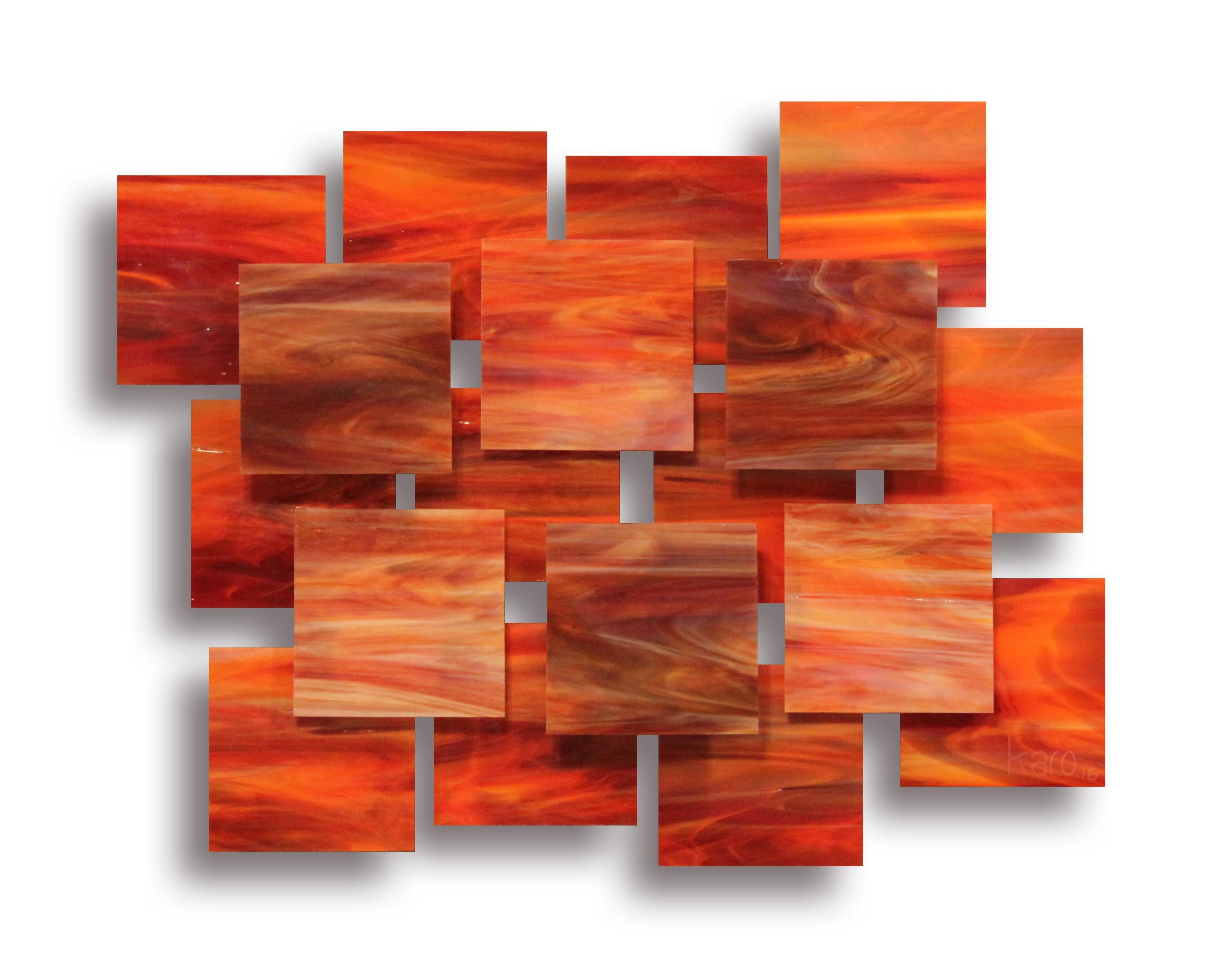 Sonnenuntergang, Abstraktes 3D-Original  Wandskulptur aus Glas und Metall, Moderne Kunst der Glaskunst