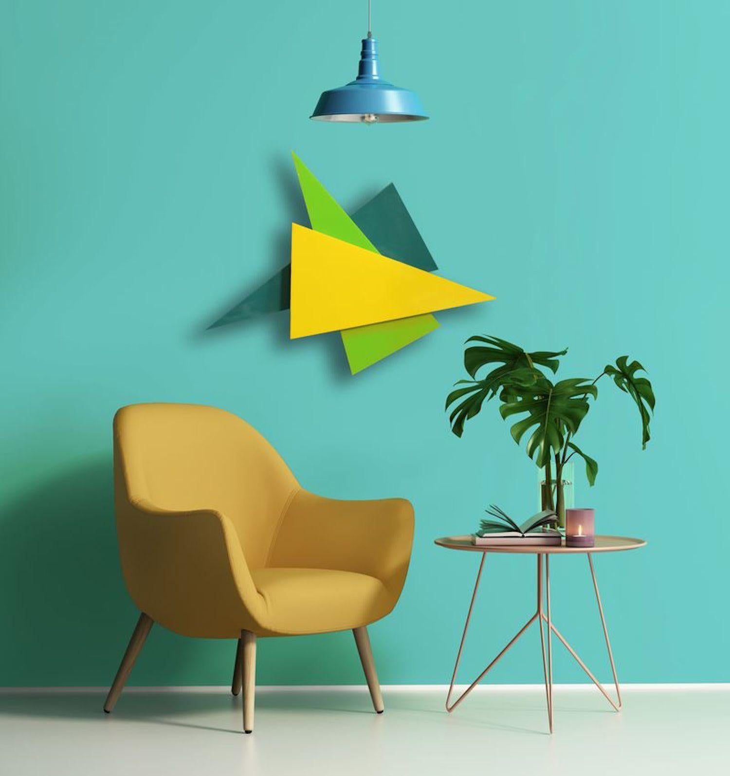Triangular Comp, Abstract 3D Original  Glass Wall Sculpture, modern design - Yellow Abstract Sculpture by Karo Martirosyan