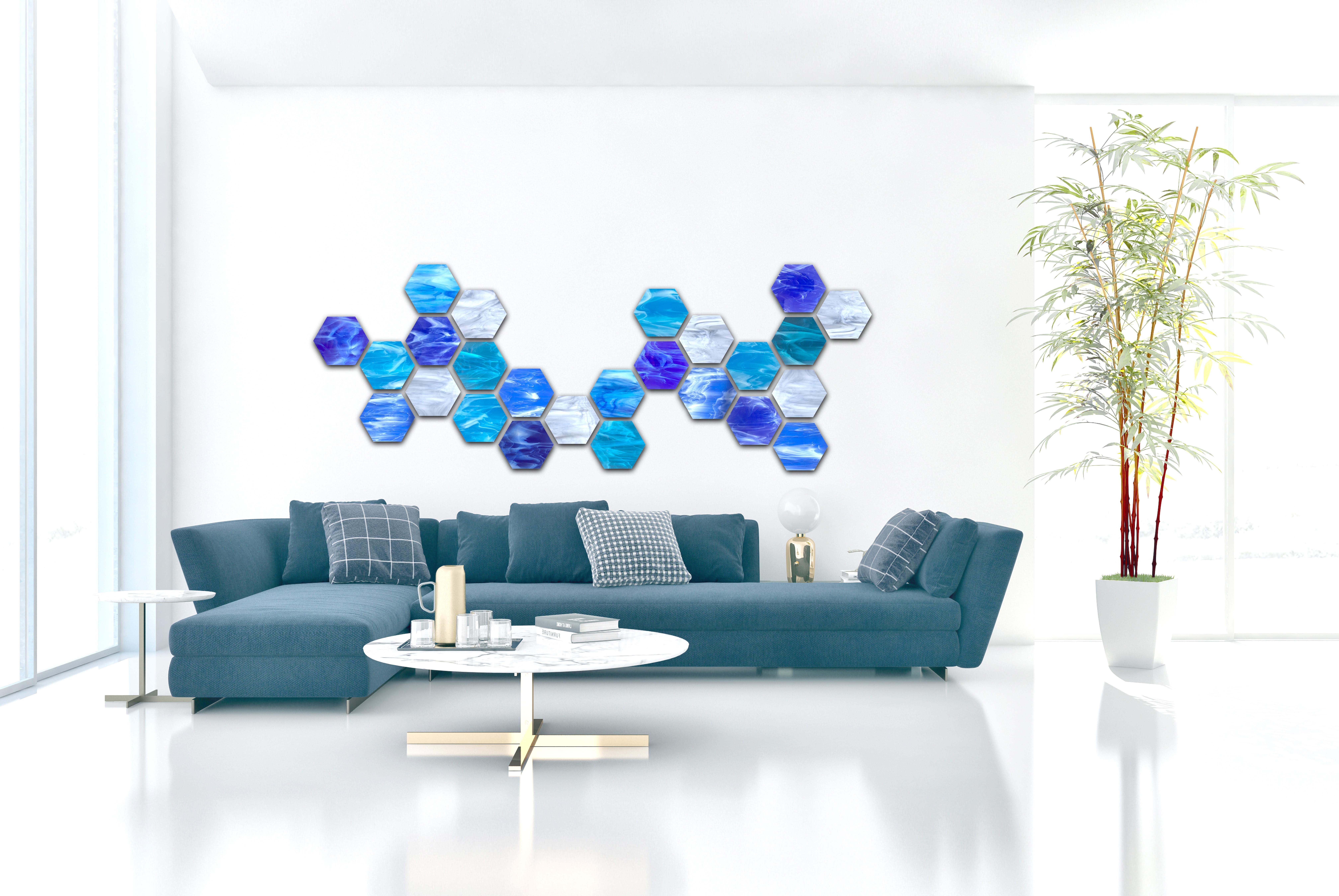Water Hex, Abstract 3D Original  Glass Wall Sculpture, One of a Kind - Blue Abstract Sculpture by Karo Martirosyan