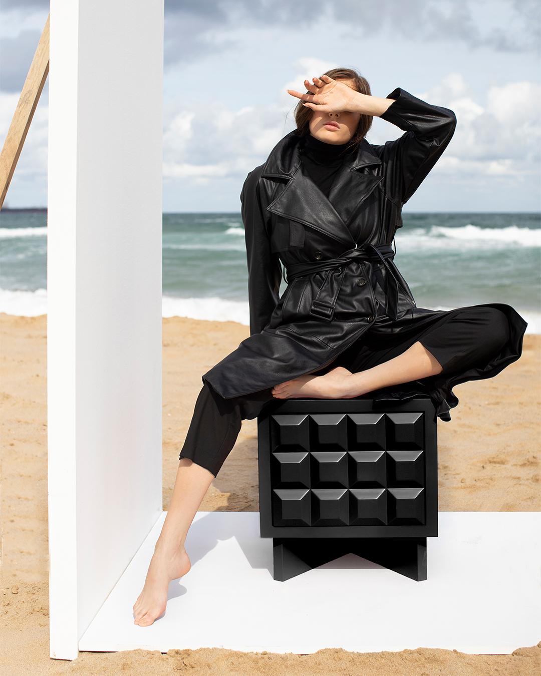 Hand-Carved Karo Nightstand Inspired by Brutalism with Outstanding Look, Black For Sale