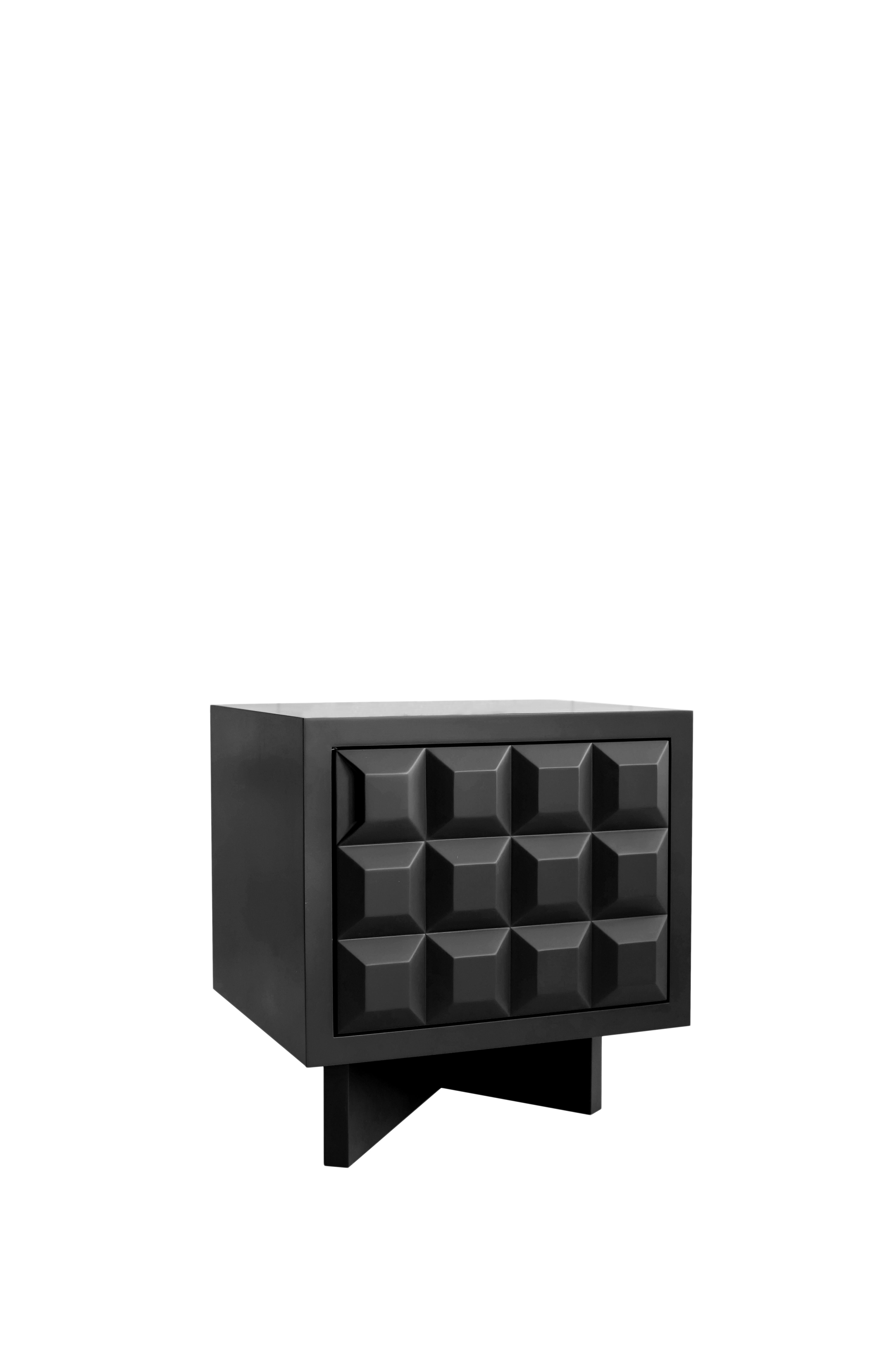 Hand-Carved Karo Nightstand Inspired by Brutalism with Outstanding Look, Black Color For Sale