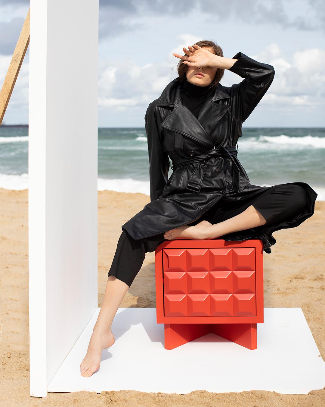 Turkish Karo Nightstand Inspired by Brutalism with Outstanding Look, Coral For Sale